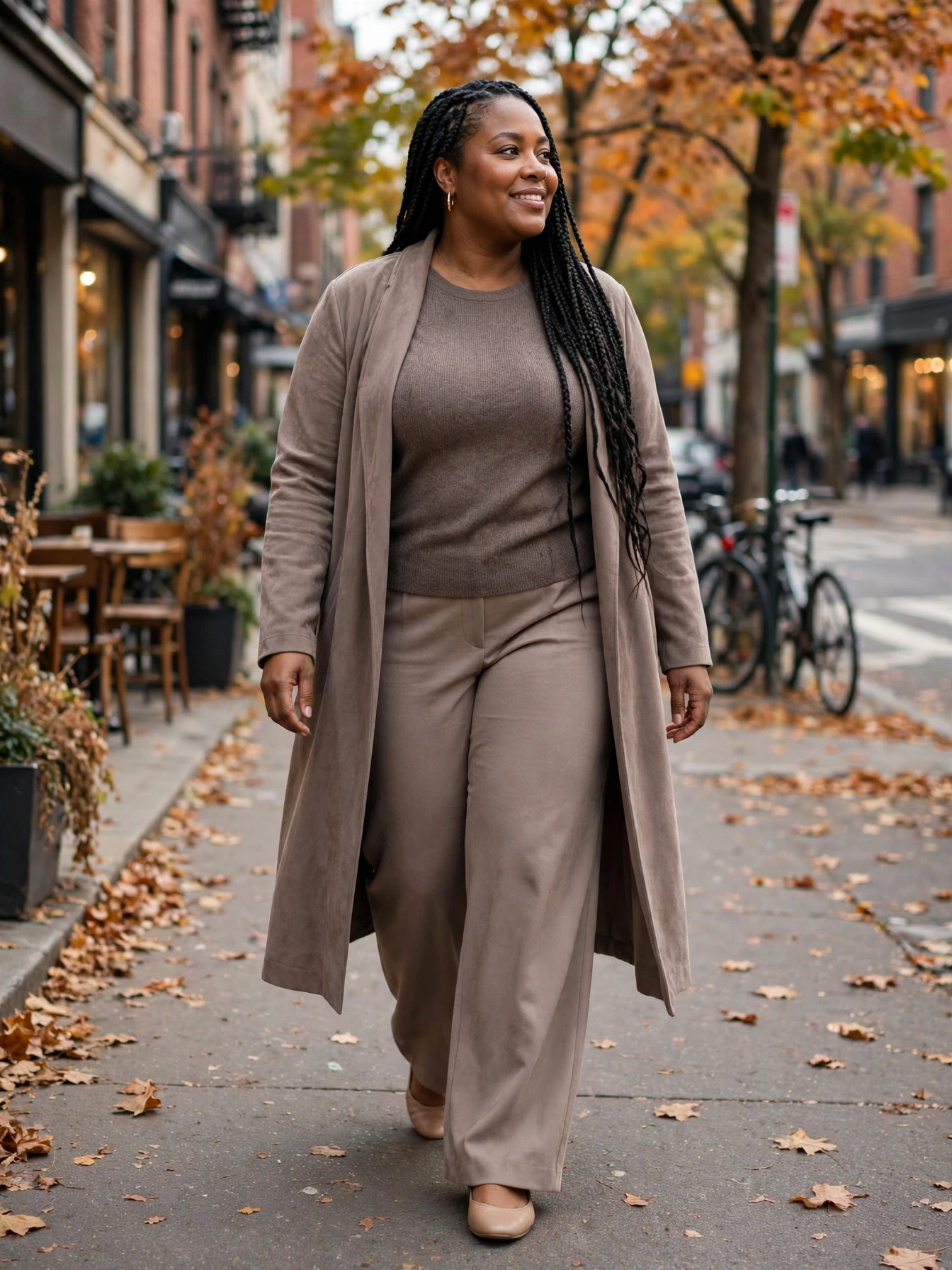 Plus-size woman in a monochrome taupe outfit with wide-leg trousers on a street