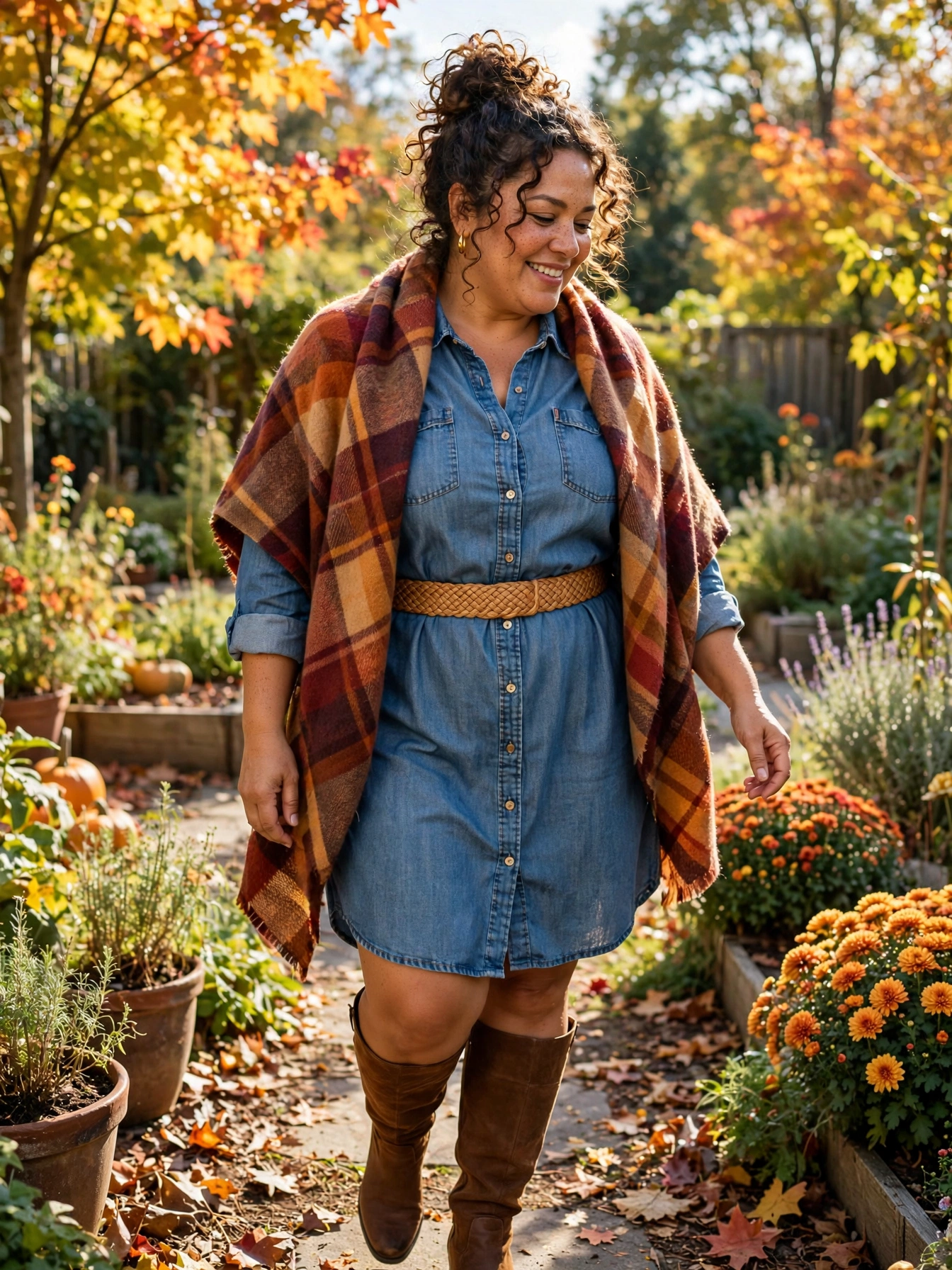 Plus-size woman in a chambray shirt dress with a plaid blanket scarf in a garden
