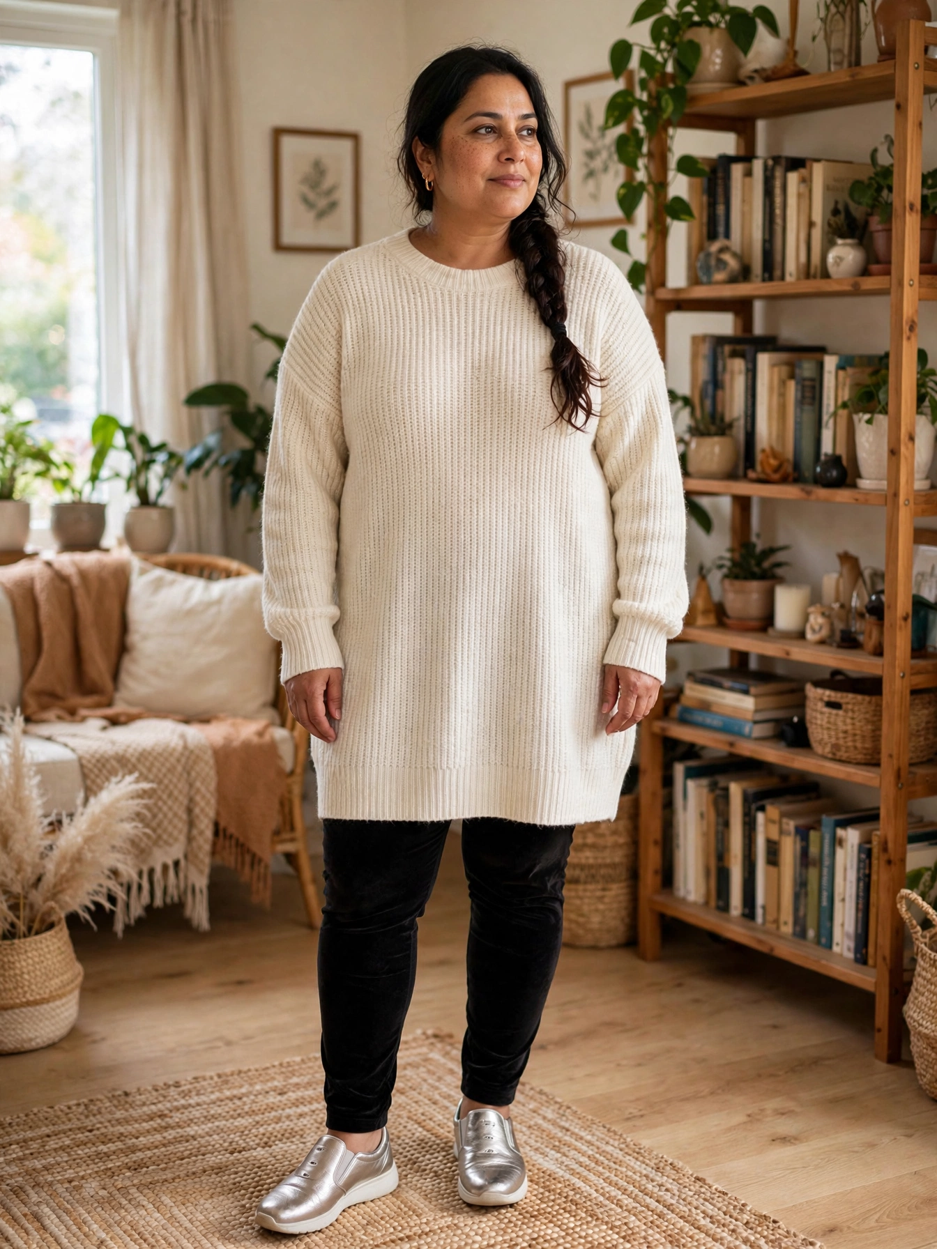 Plus-size woman in black velvet leggings and a long cream tunic at home