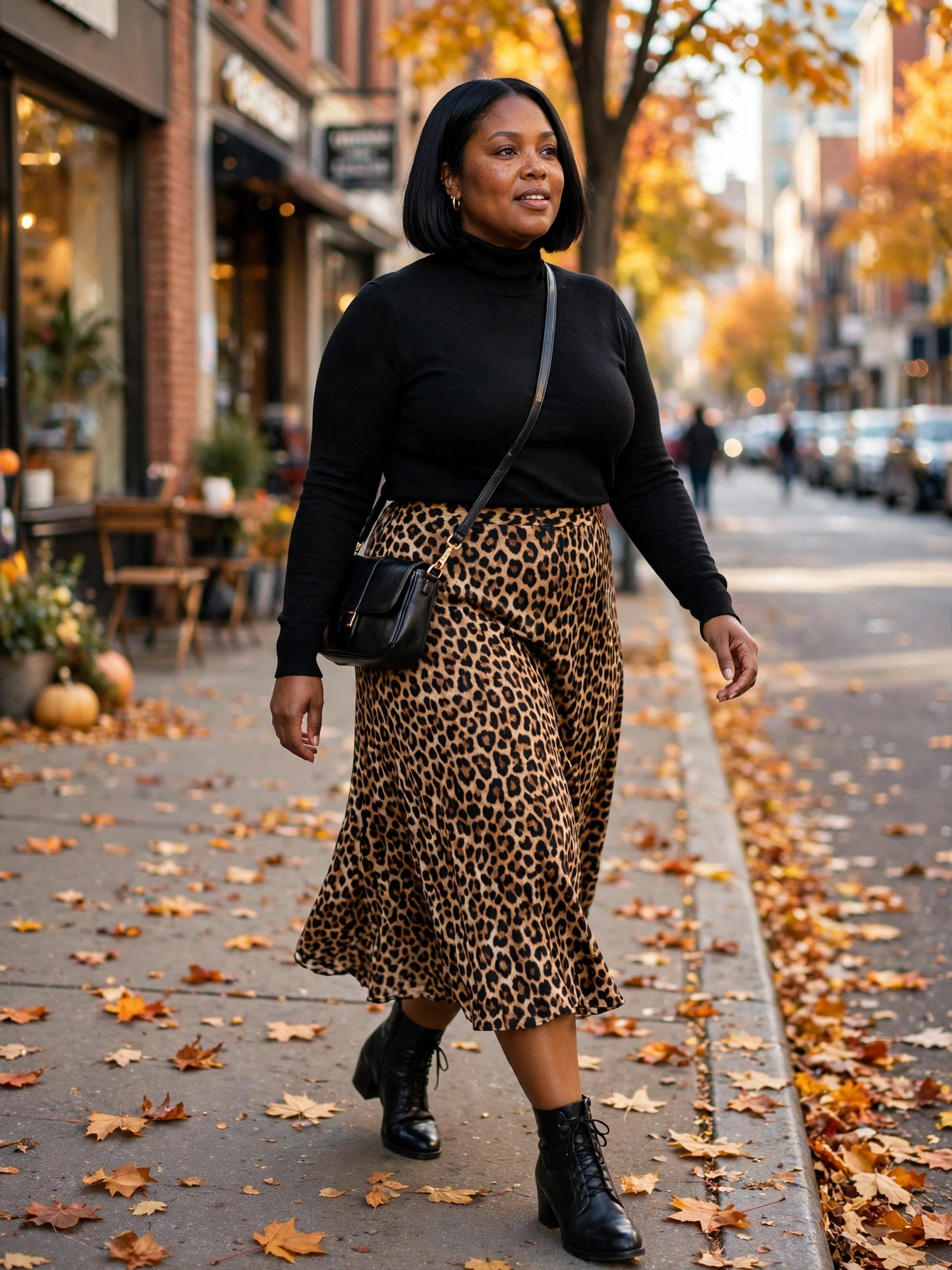 Plus-size woman in a leopard print midi skirt and black turtleneck on a street