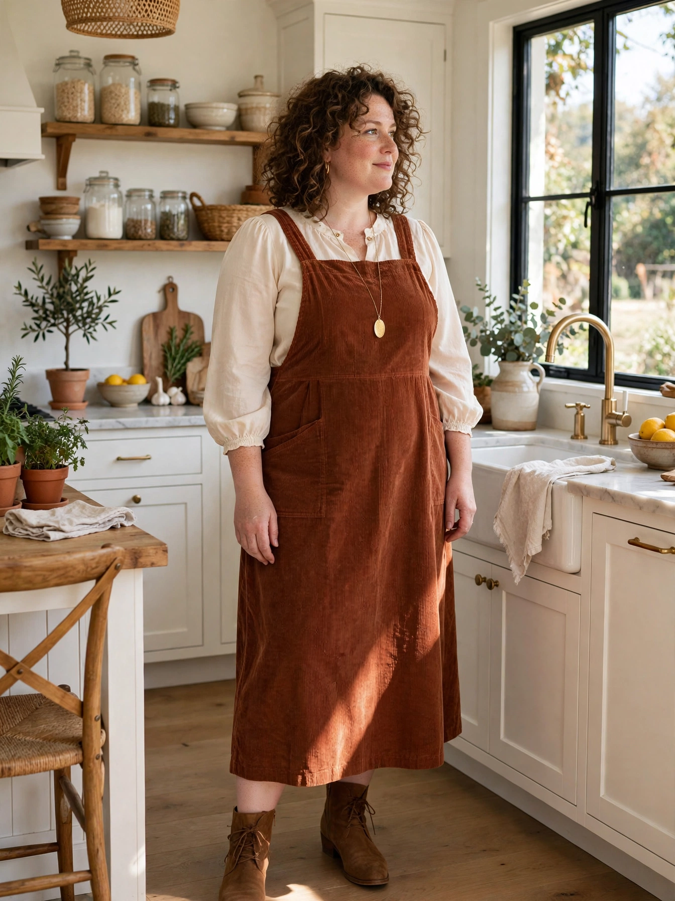 Plus-size woman in a rust corduroy pinafore dress over a cream blouse in a kitchen