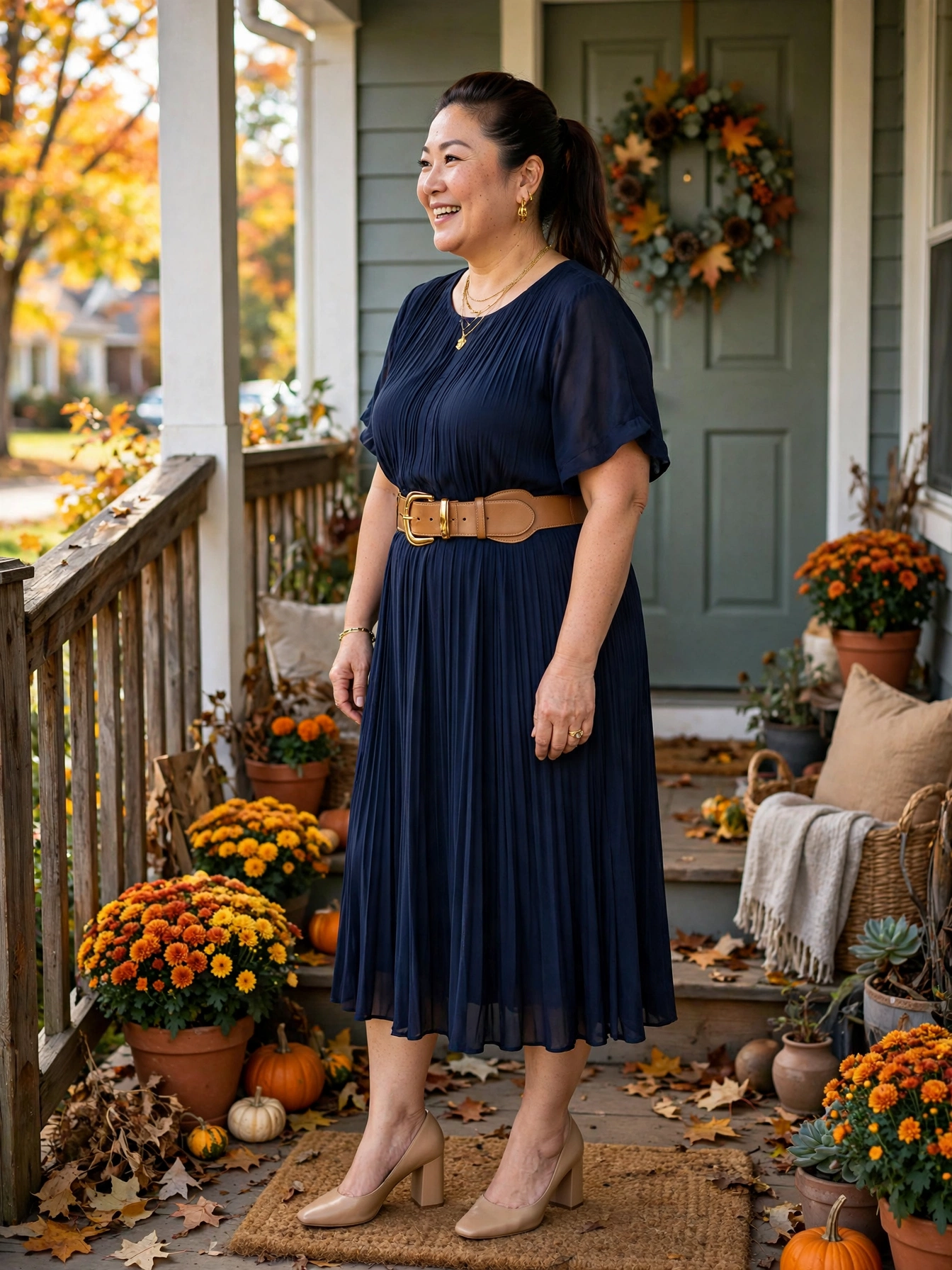 Plus-size woman in a navy pleated midi dress with a tan belt on a porch