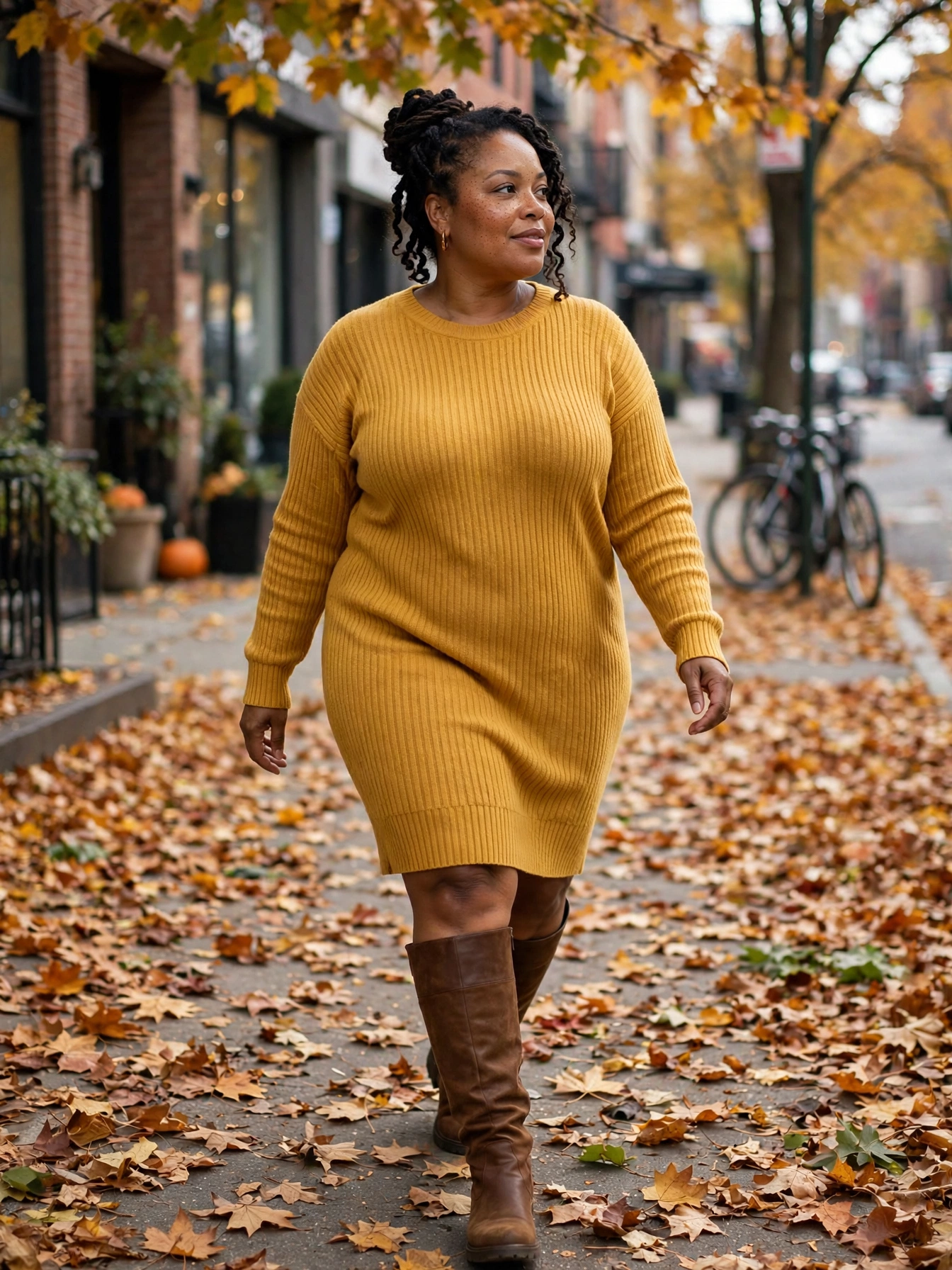Plus-size woman in a mustard ribbed sweater dress and knee-high boots on a street