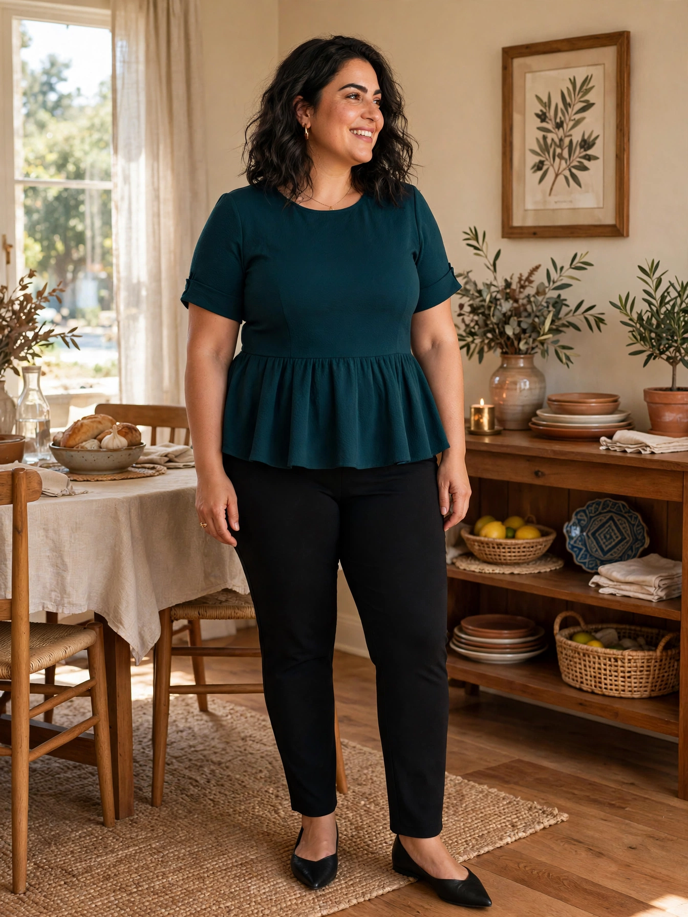 Plus-size woman in a deep teal peplum top and black ponte pants in a dining room