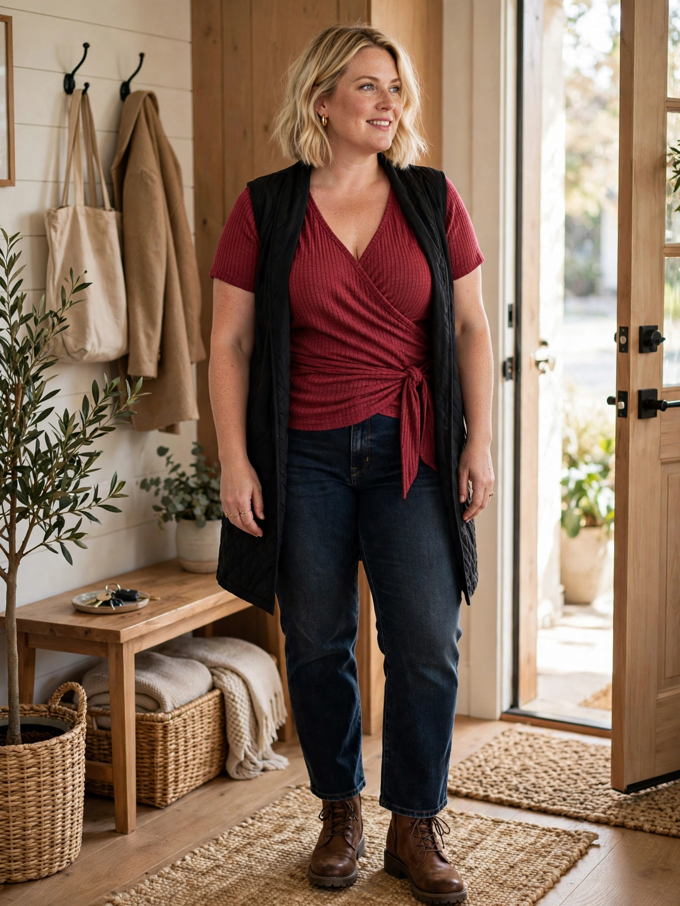 Plus-size woman in a cranberry wrap top, dark jeans and a longline vest at home