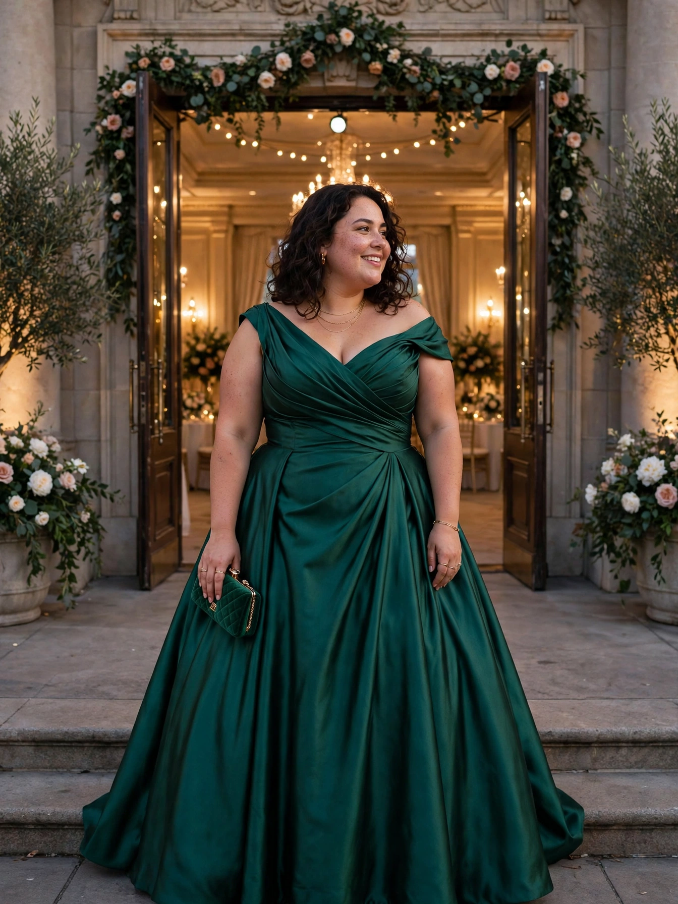 Plus-size woman in an emerald green satin ball gown with draped bodice at a wedding ballroom