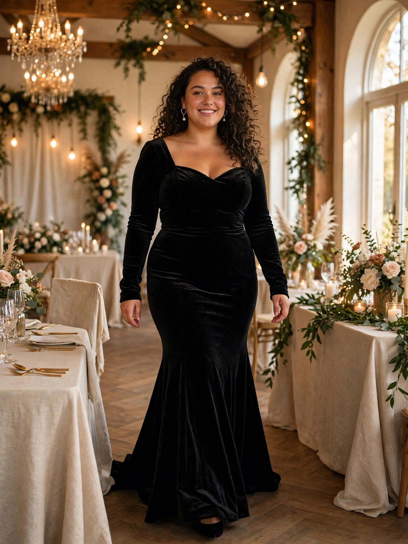 Plus-size woman in a black velvet mermaid gown with long sleeves at a wedding reception