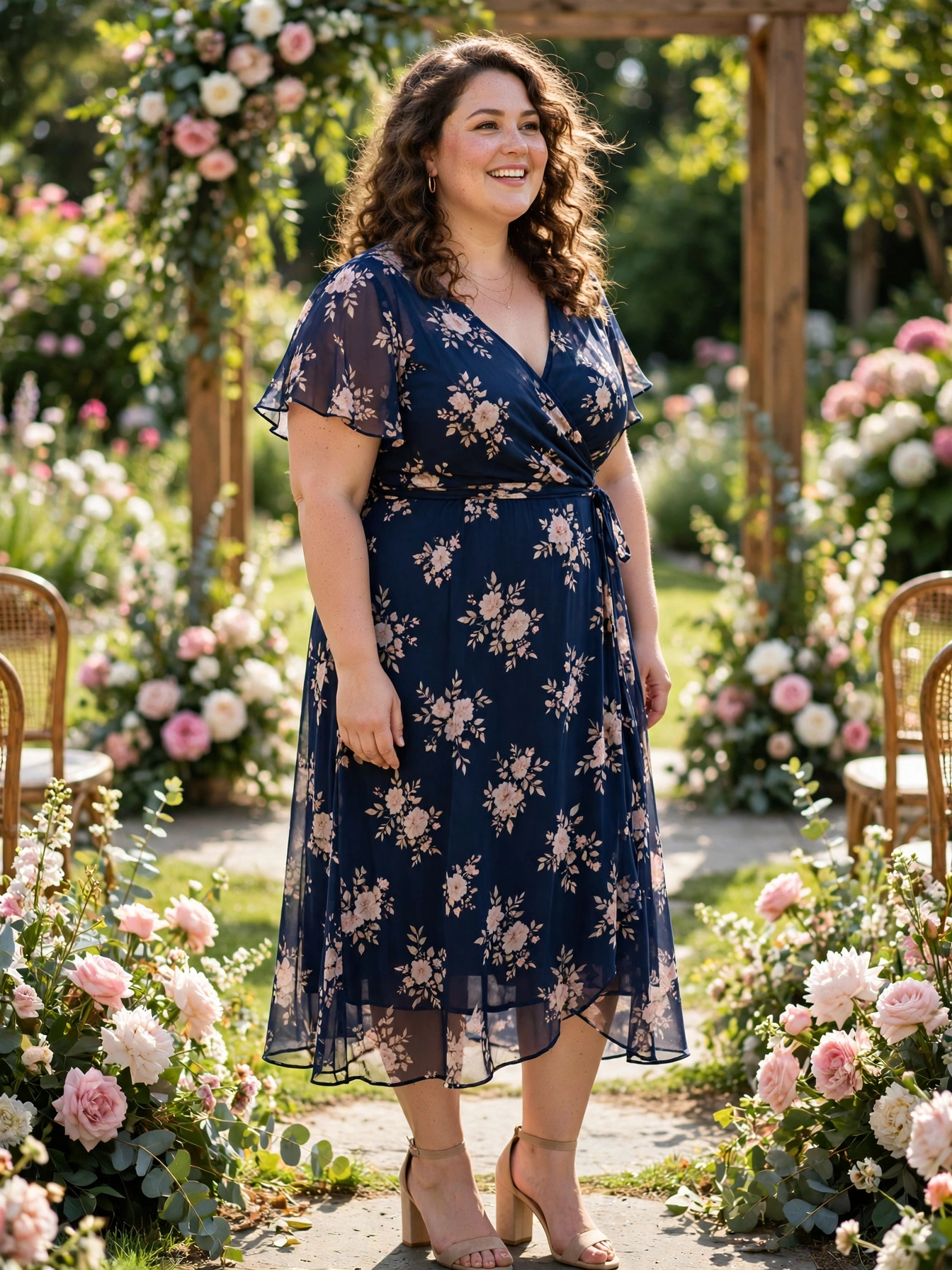 Plus-size woman in a navy floral chiffon midi wrap dress with flutter sleeves in a garden