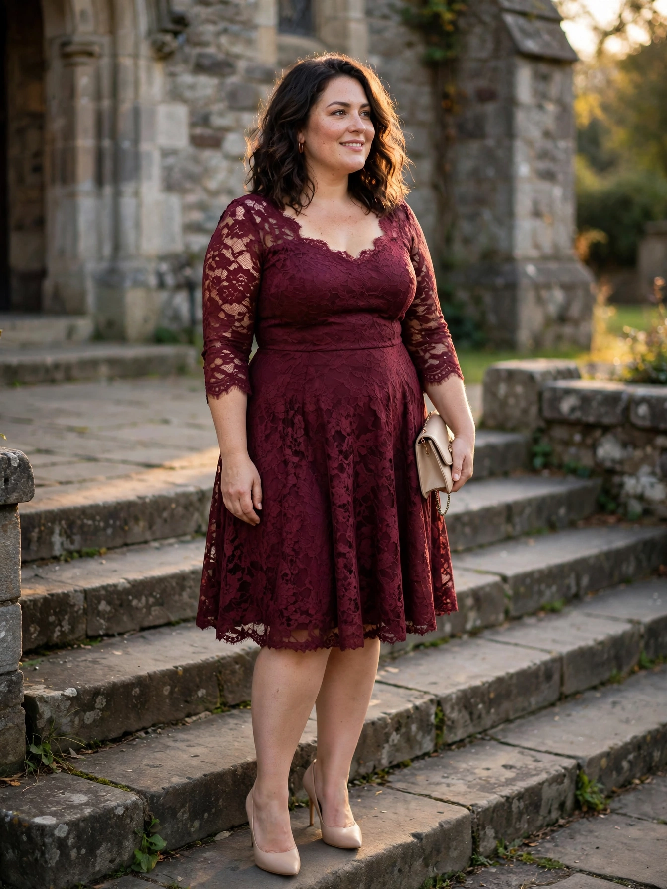 Plus-size woman in a burgundy lace fit-and-flare dress with three-quarter sleeves on church steps