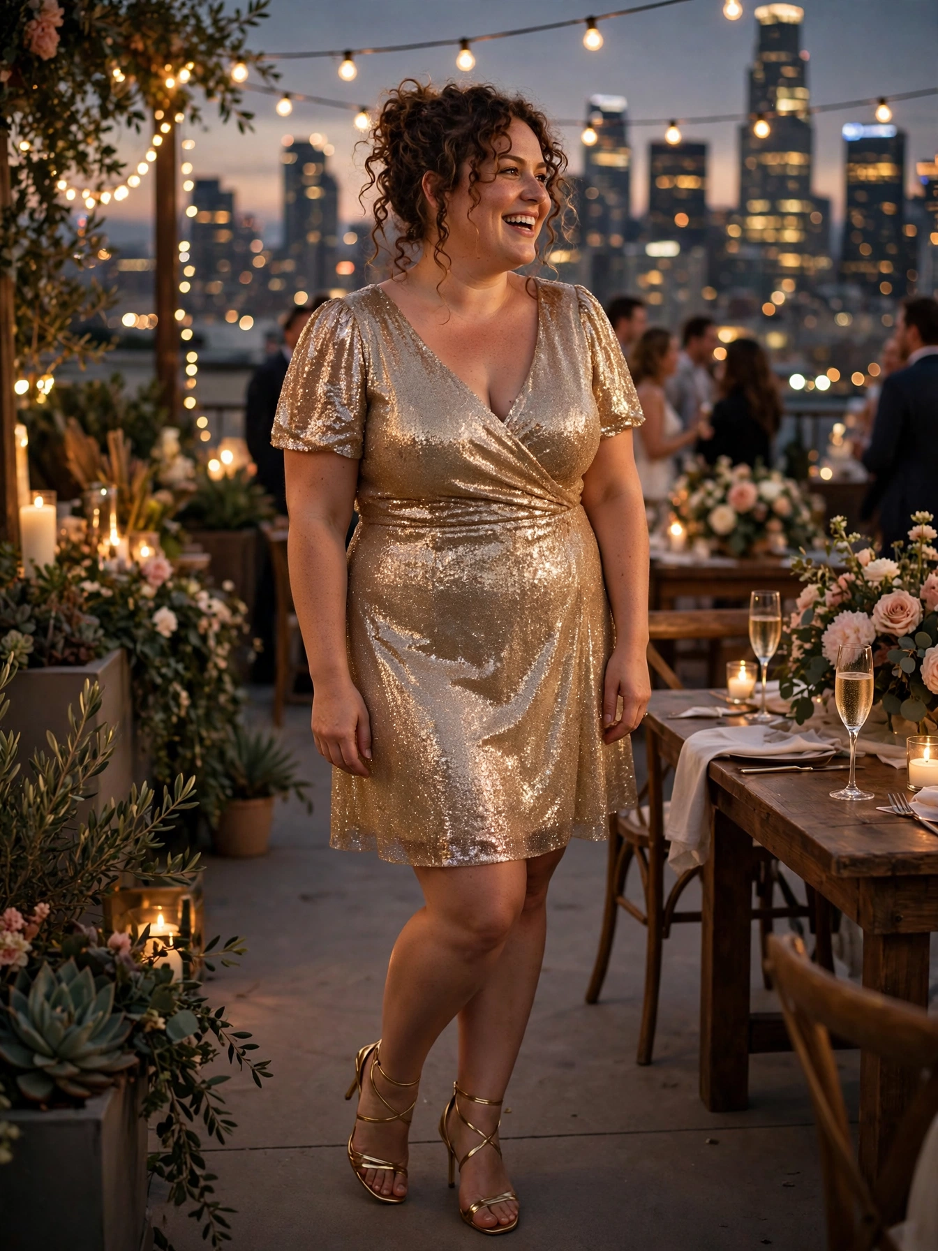 Plus-size woman in a gold sequin cocktail dress with short sleeves at a rooftop reception