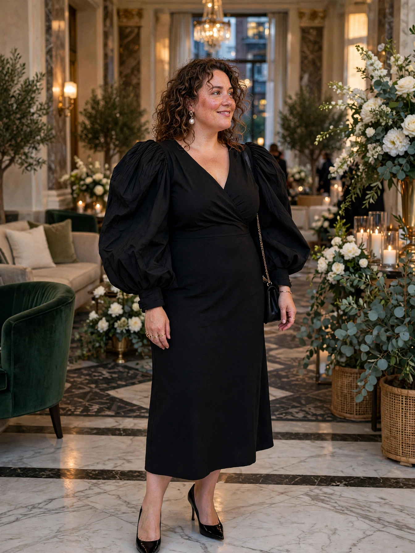 Plus-size woman in a black midi dress with dramatic statement sleeves and pearl earrings