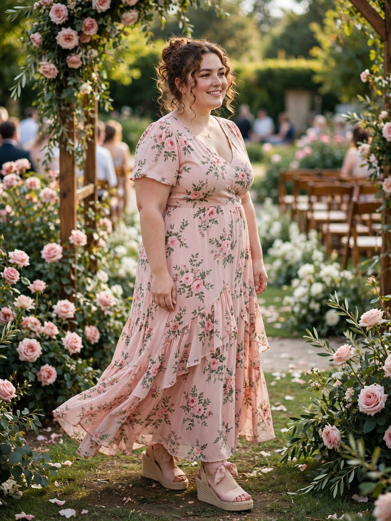 Plus-size woman in a blush pink floral maxi dress with flowing skirt at a garden wedding