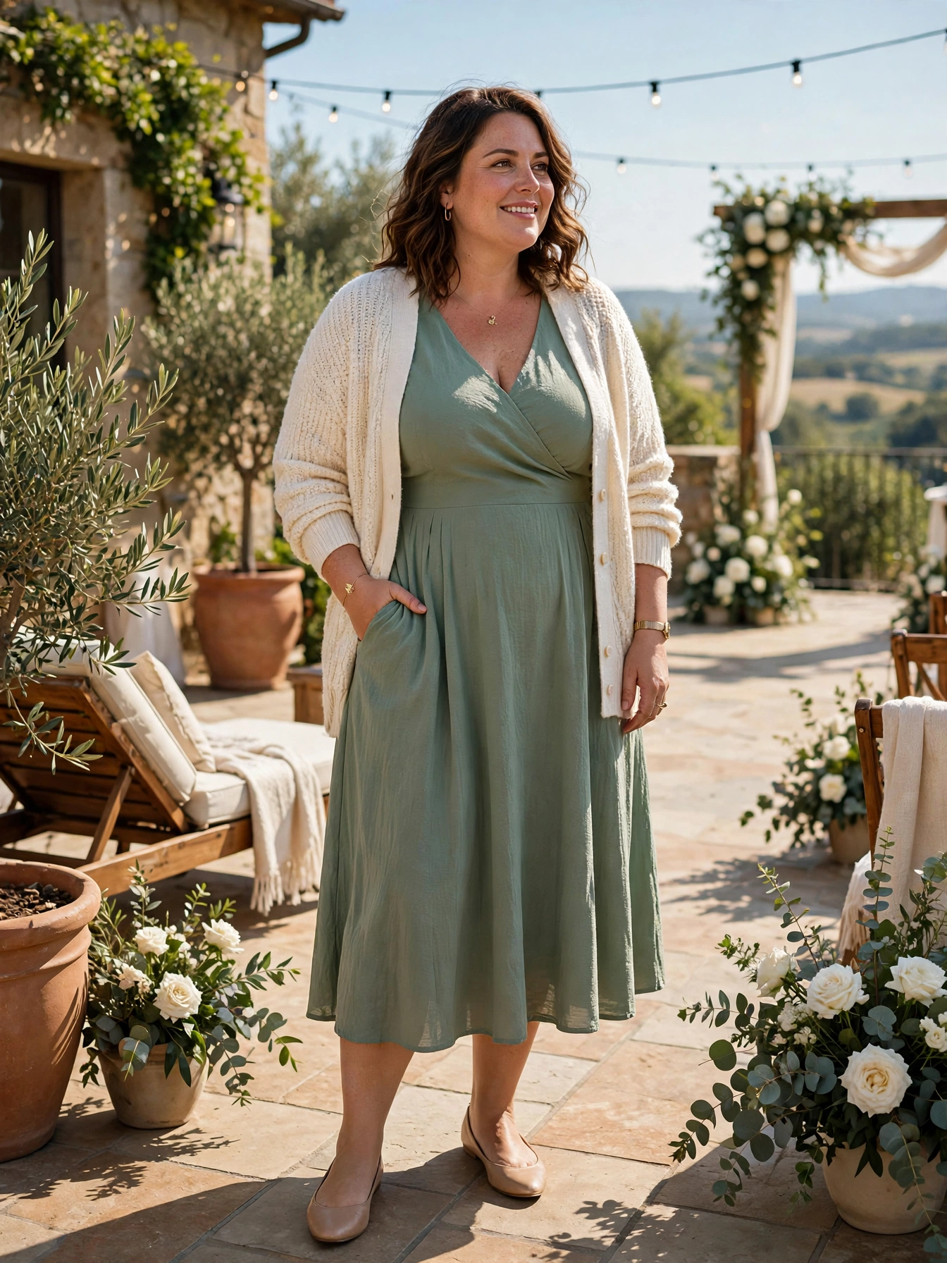 Plus-size woman in a sage green tea-length dress with a cream cardigan on a sunny terrace