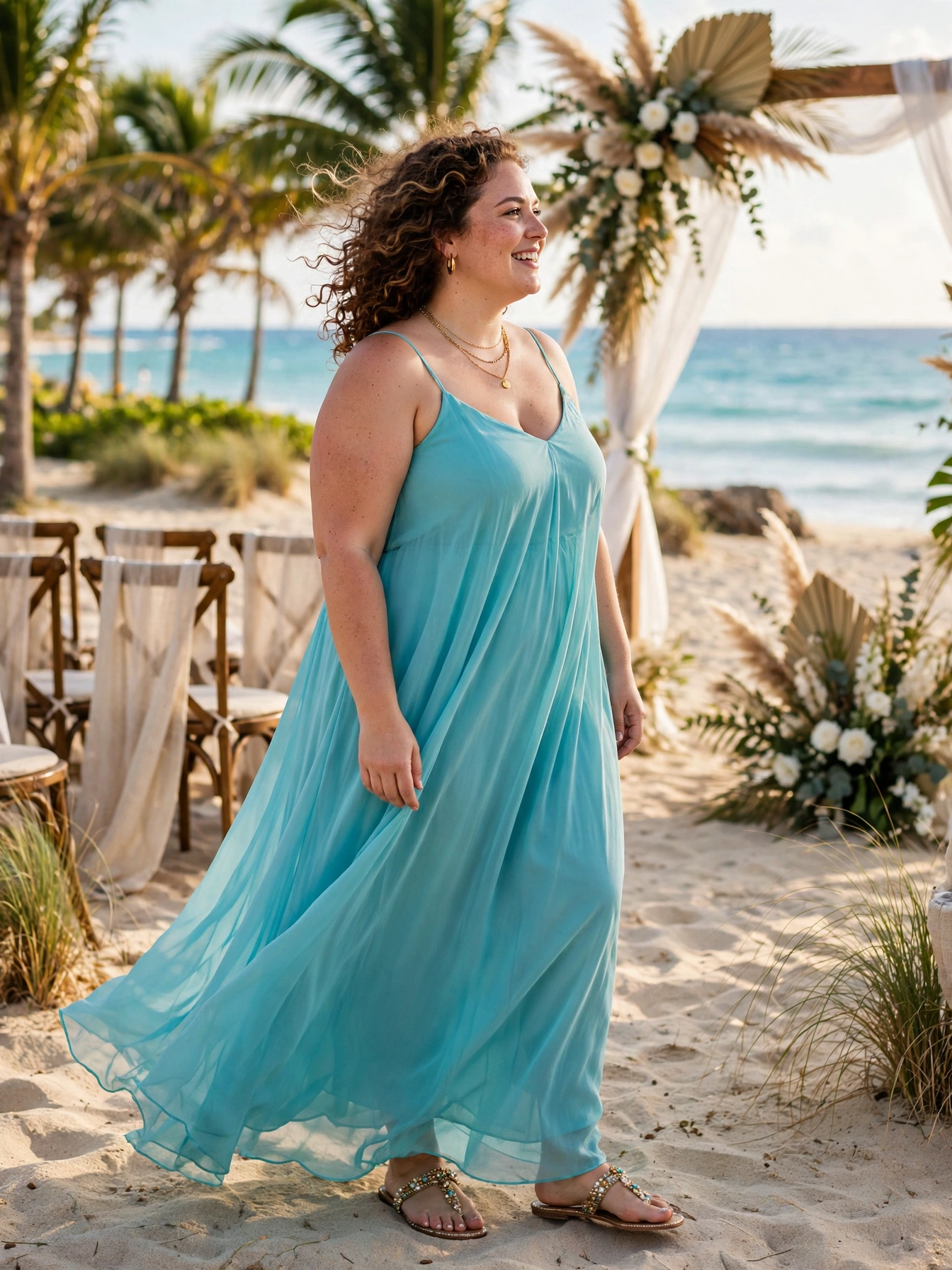 Plus-size woman in a flowing turquoise chiffon maxi dress at a beach wedding ceremony