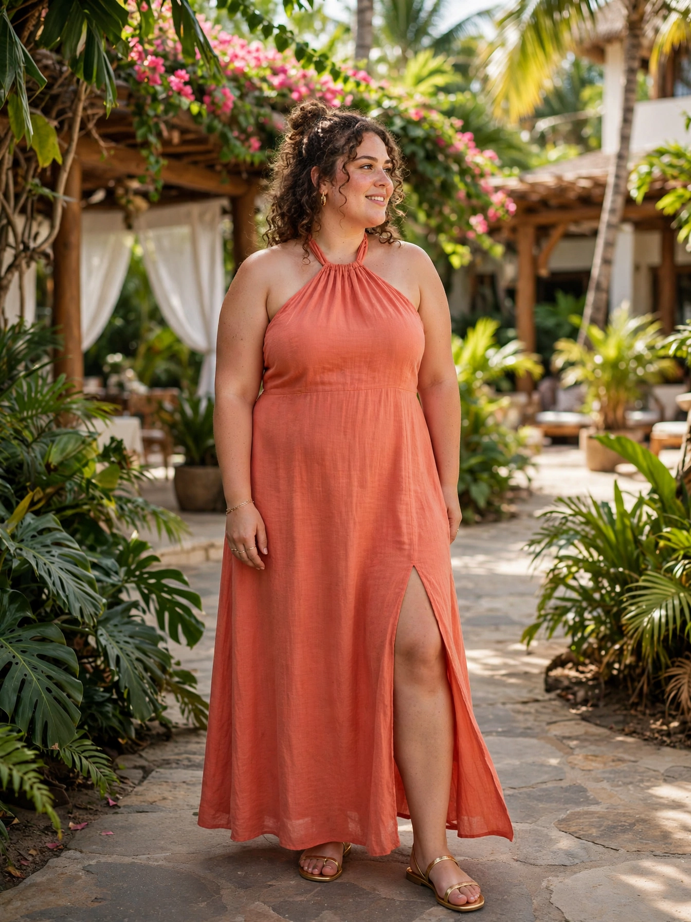 Plus-size woman in a coral halter-neck maxi dress with thigh-high slit at a tropical wedding