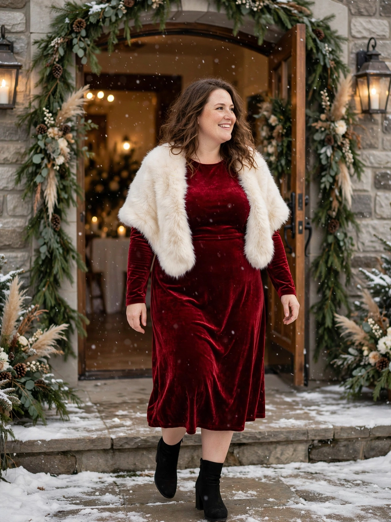 Plus-size woman in a deep red velvet midi dress with ivory faux-fur stole in falling snow