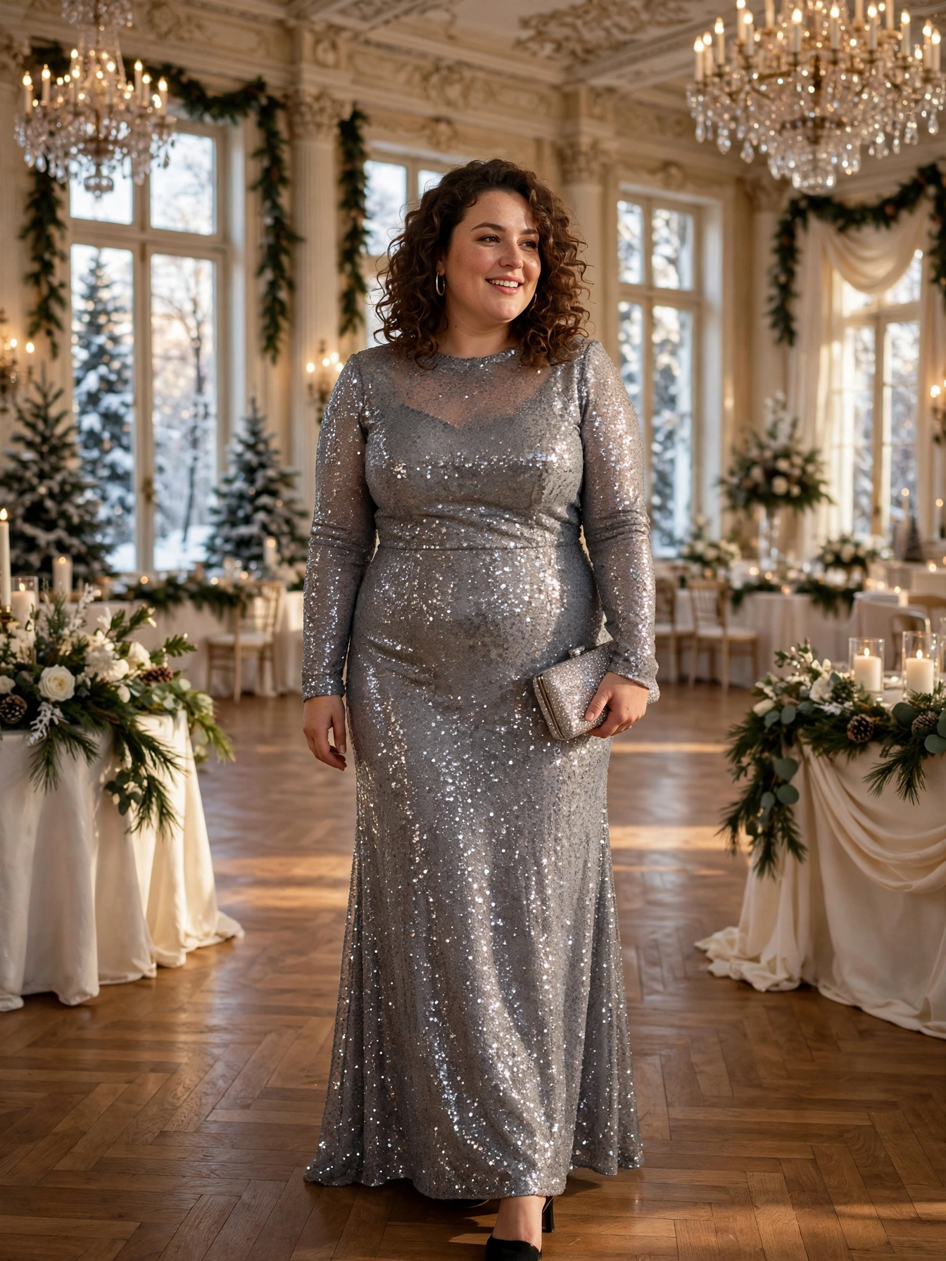 Plus-size woman in a silver-gray long-sleeve sequin evening gown in a winter ballroom