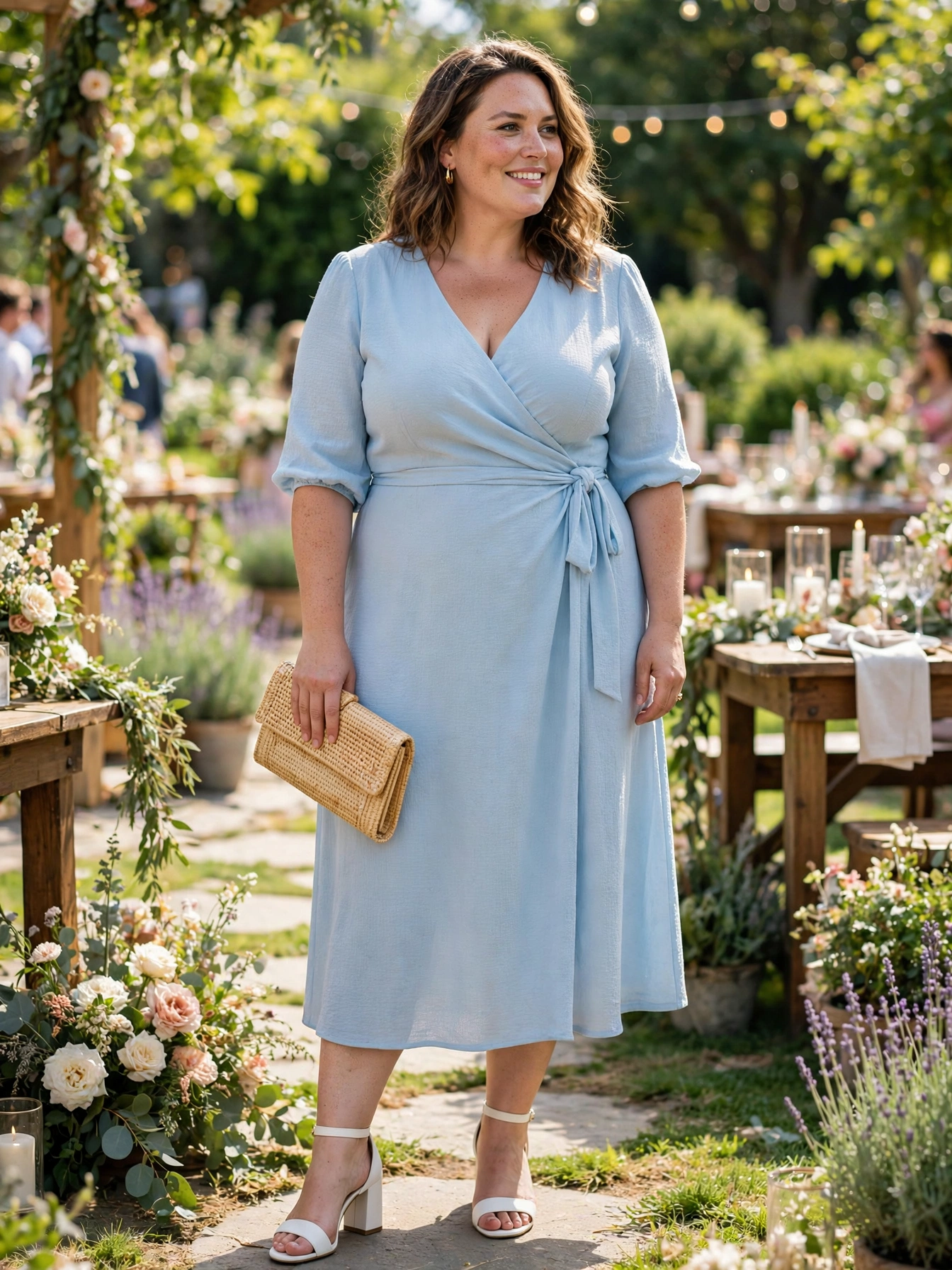 Plus-size woman in a pastel blue wrap midi dress with elbow sleeves at a daytime garden party