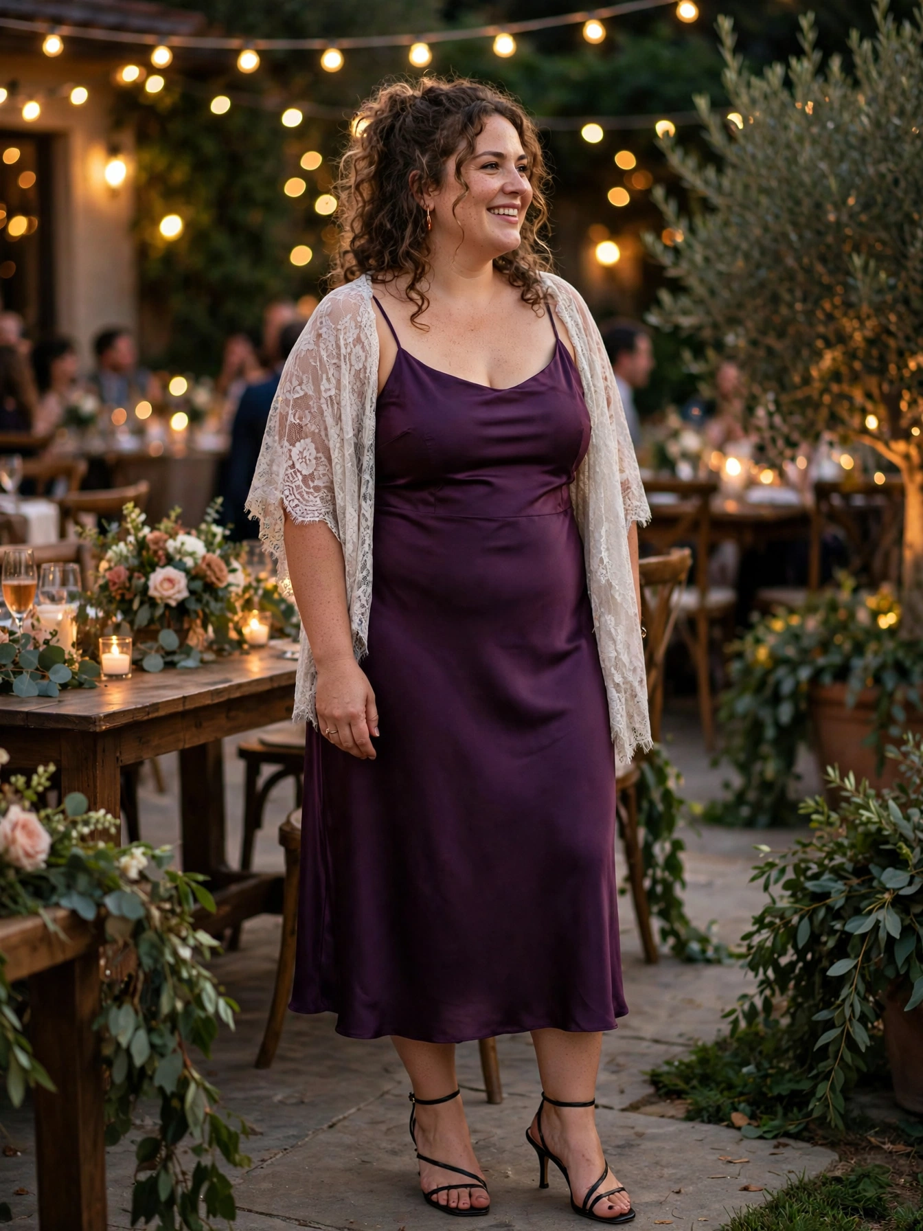 Plus-size woman in a deep purple satin midi slip dress with lace shawl at an evening reception