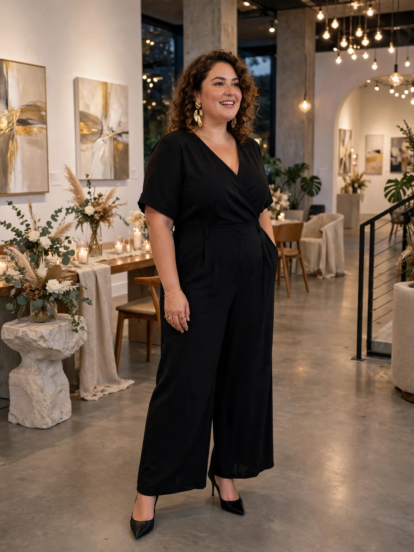 Plus-size woman in a black wide-leg jumpsuit with V-neckline and gold earrings at a modern wedding