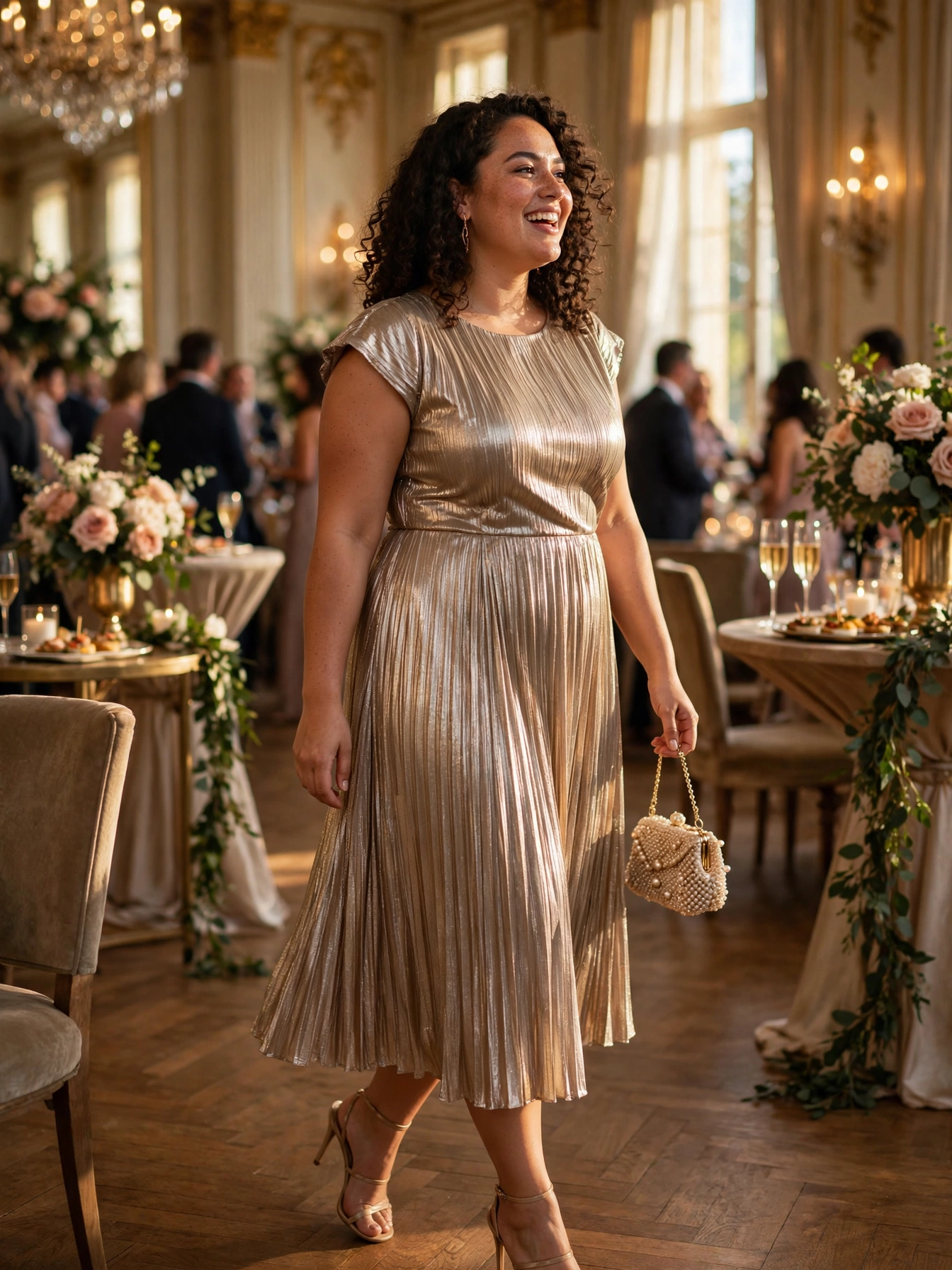 Plus-size woman in a champagne metallic pleated midi dress with cap sleeves at cocktail hour