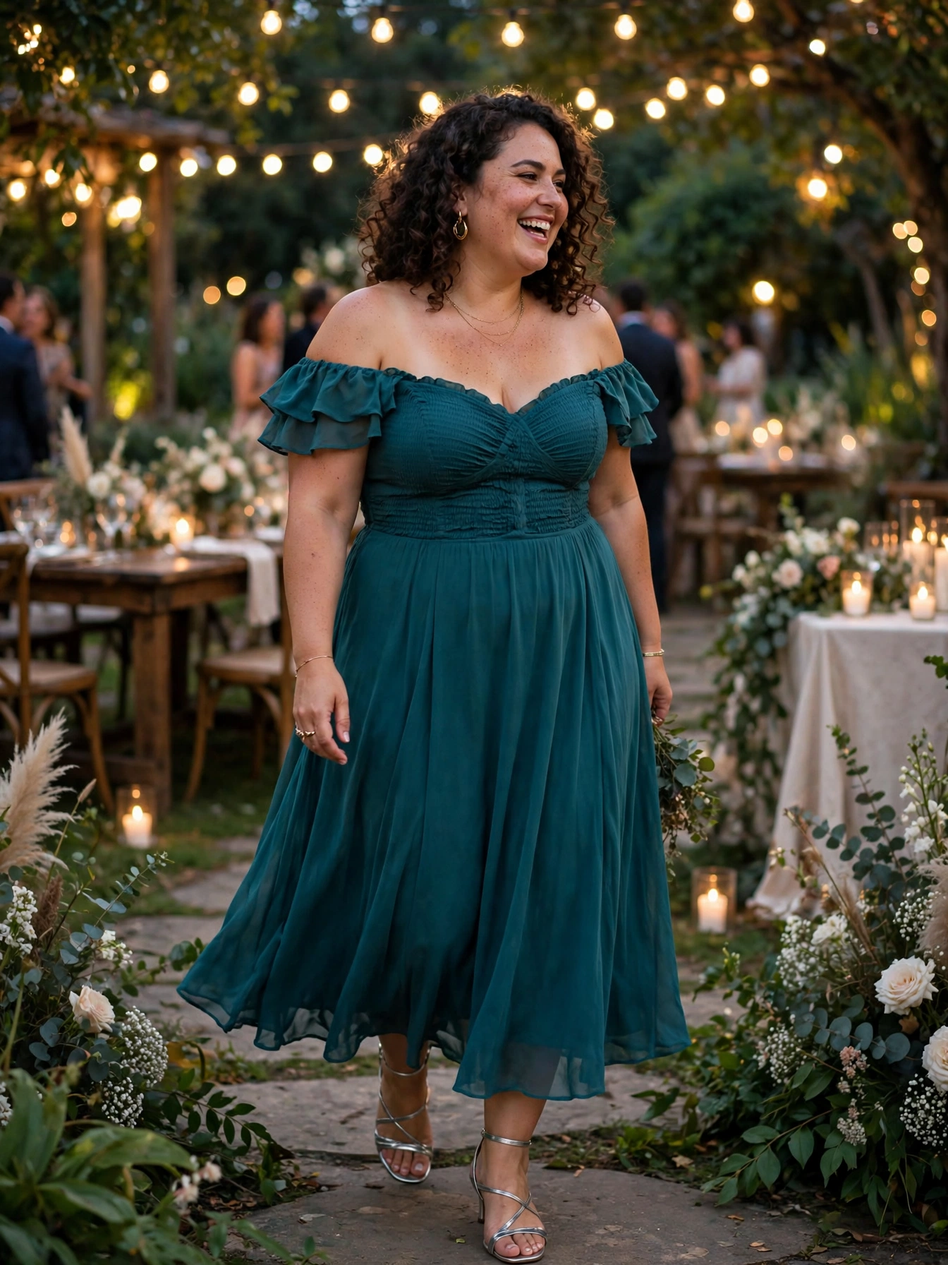 Plus-size woman in a teal off-shoulder midi dress with flowing skirt at an evening garden reception