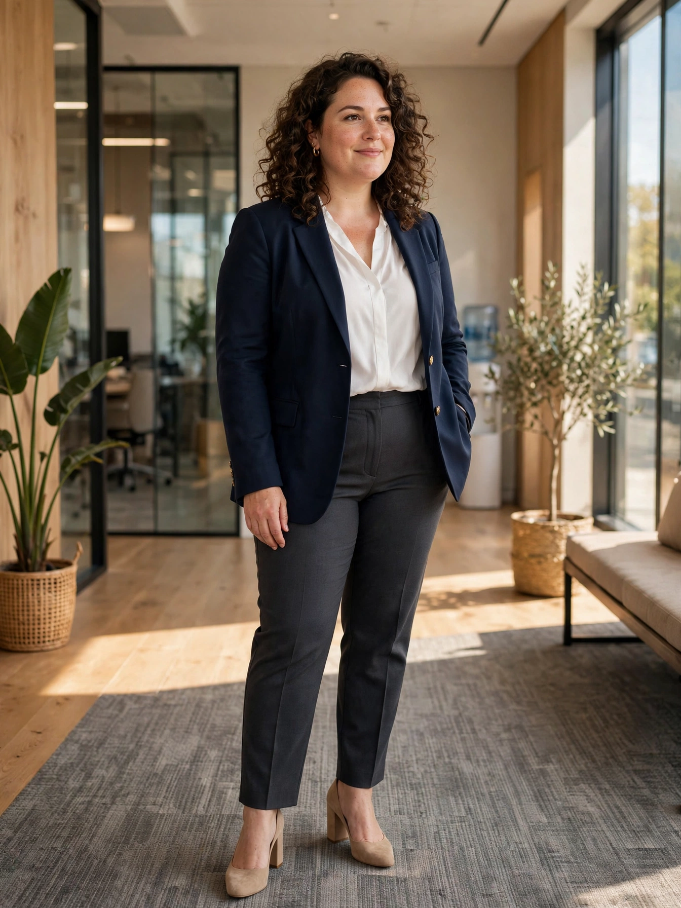 Plus-size woman in a navy blazer with white blouse and charcoal tailored trousers in an office hallway