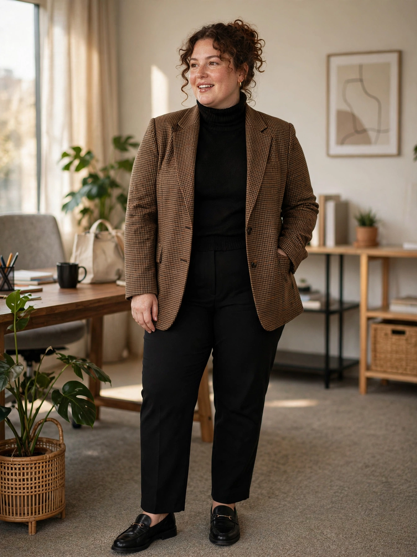 Plus-size woman in a brown houndstooth blazer with black turtleneck and black trousers