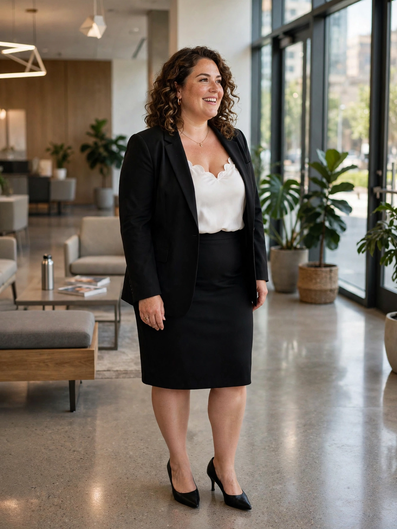Plus-size woman in a black skirt suit with white shell top and black pumps