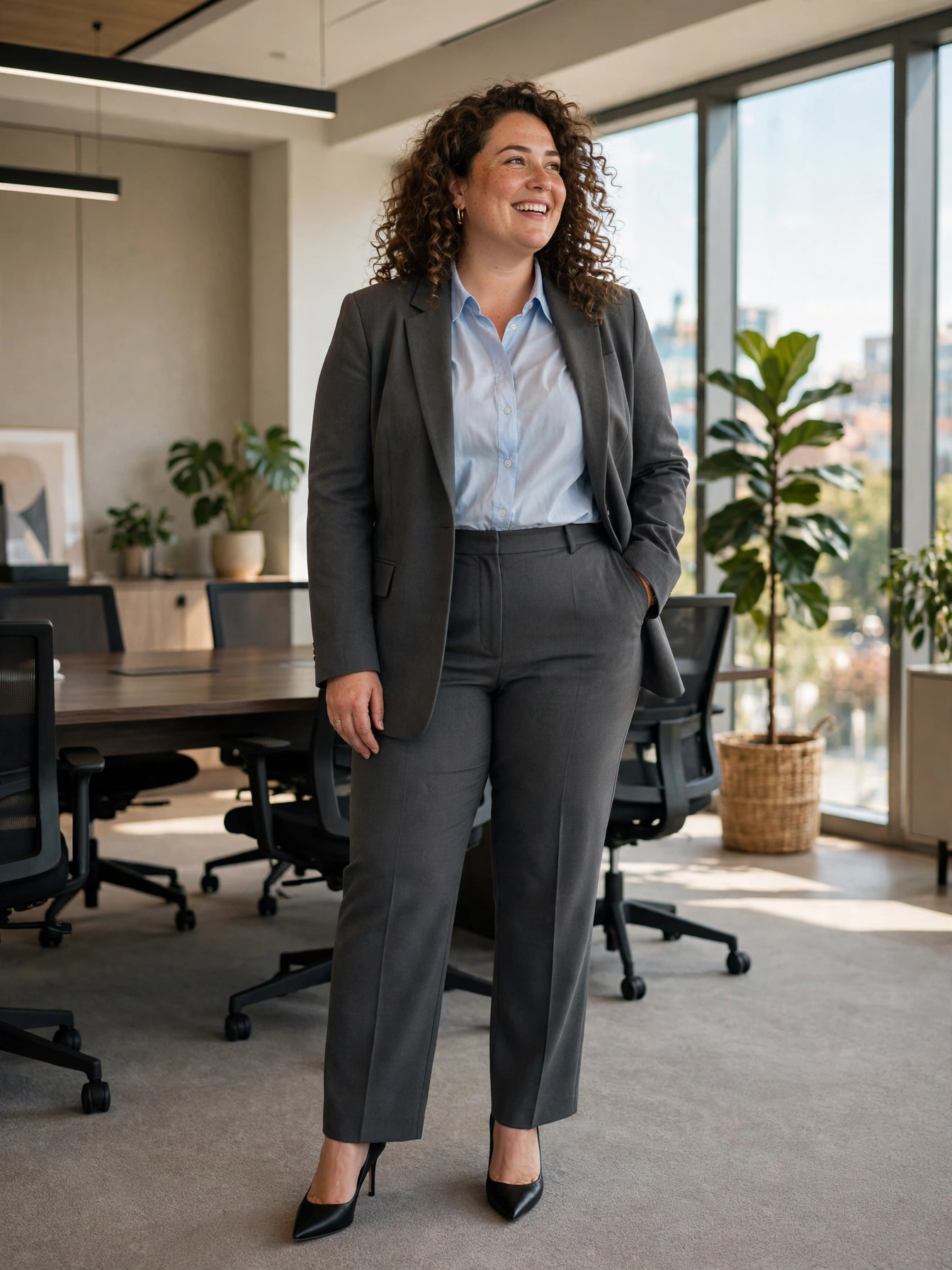 Plus-size woman in a charcoal gray pantsuit with light blue shirt and black heels