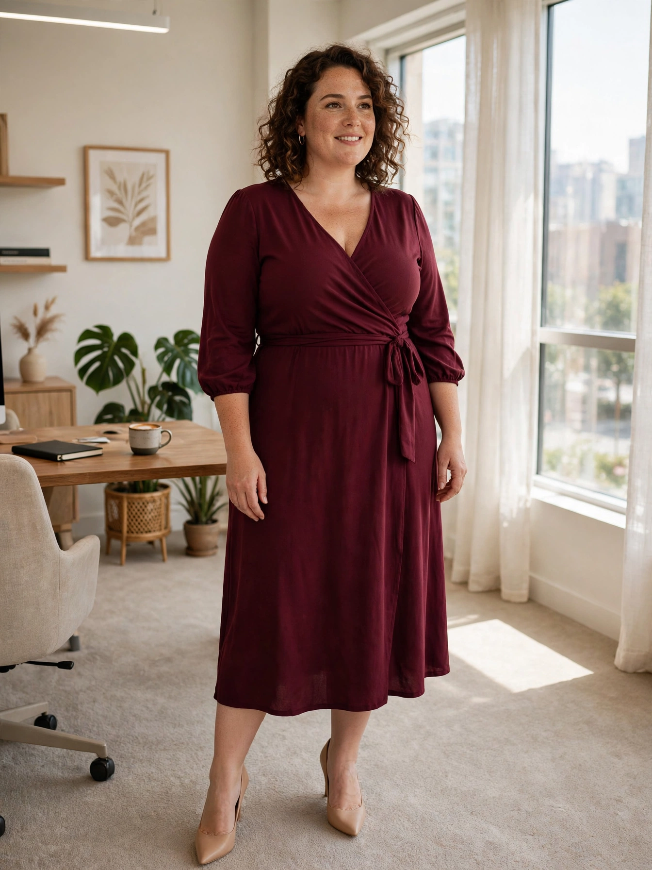 Plus-size woman in a burgundy wrap midi dress with nude heels in a bright office