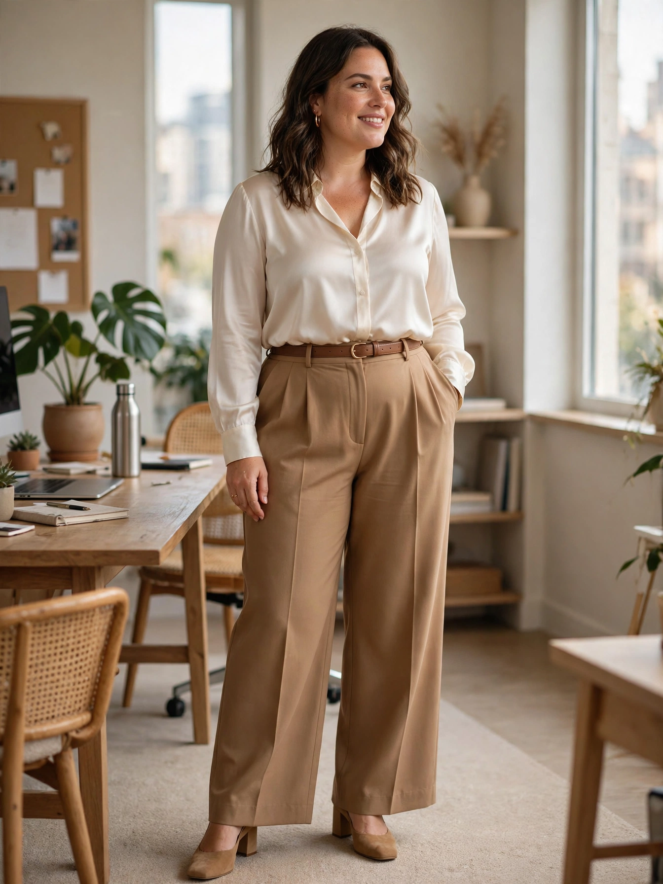 Plus-size woman in camel wide-leg trousers with ivory silk blouse and tan heels