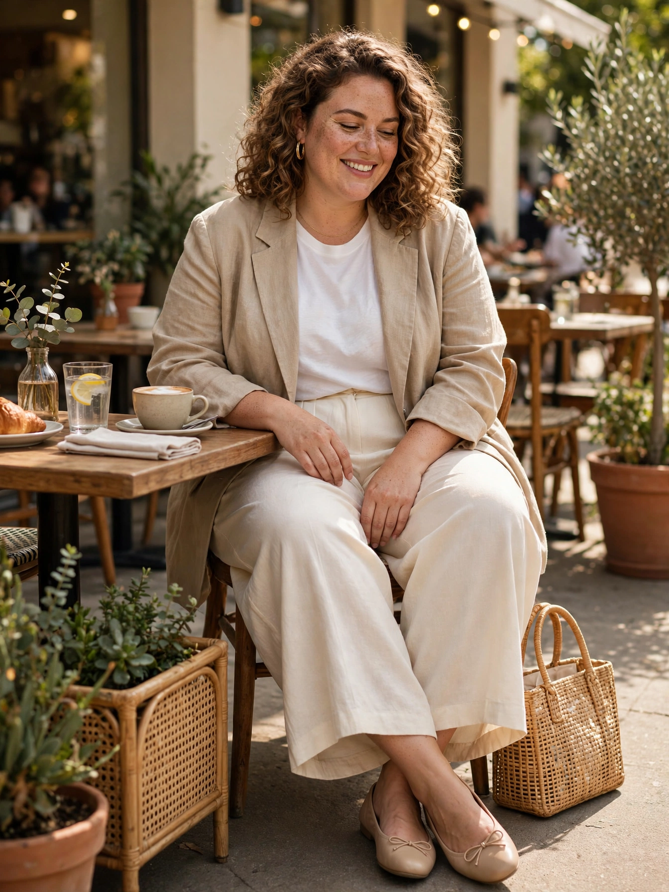 Plus-size woman in cream wide-leg trousers with beige blazer and white top at a cafe