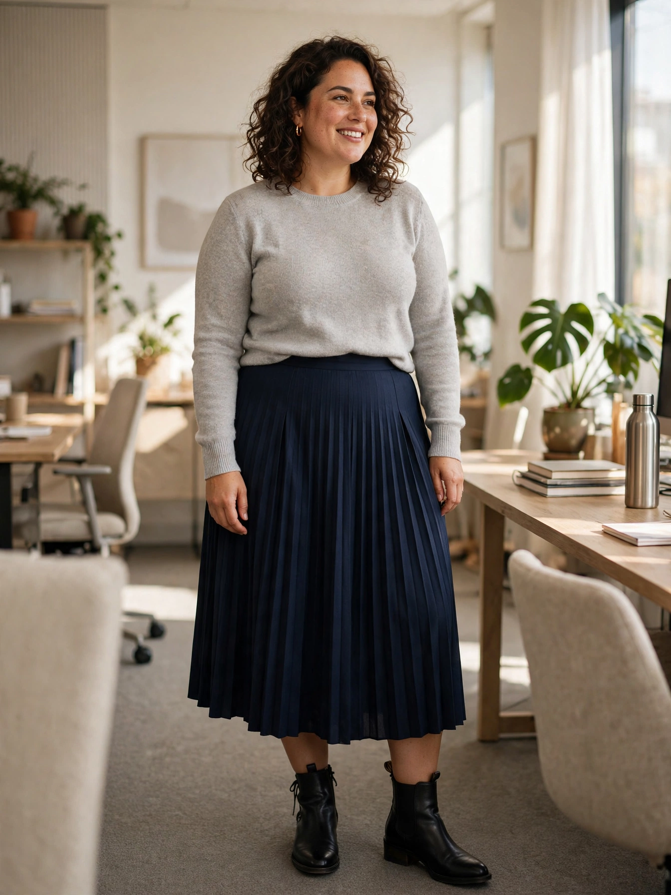 Plus-size woman in a gray knit sweater with navy pleated midi skirt and ankle boots