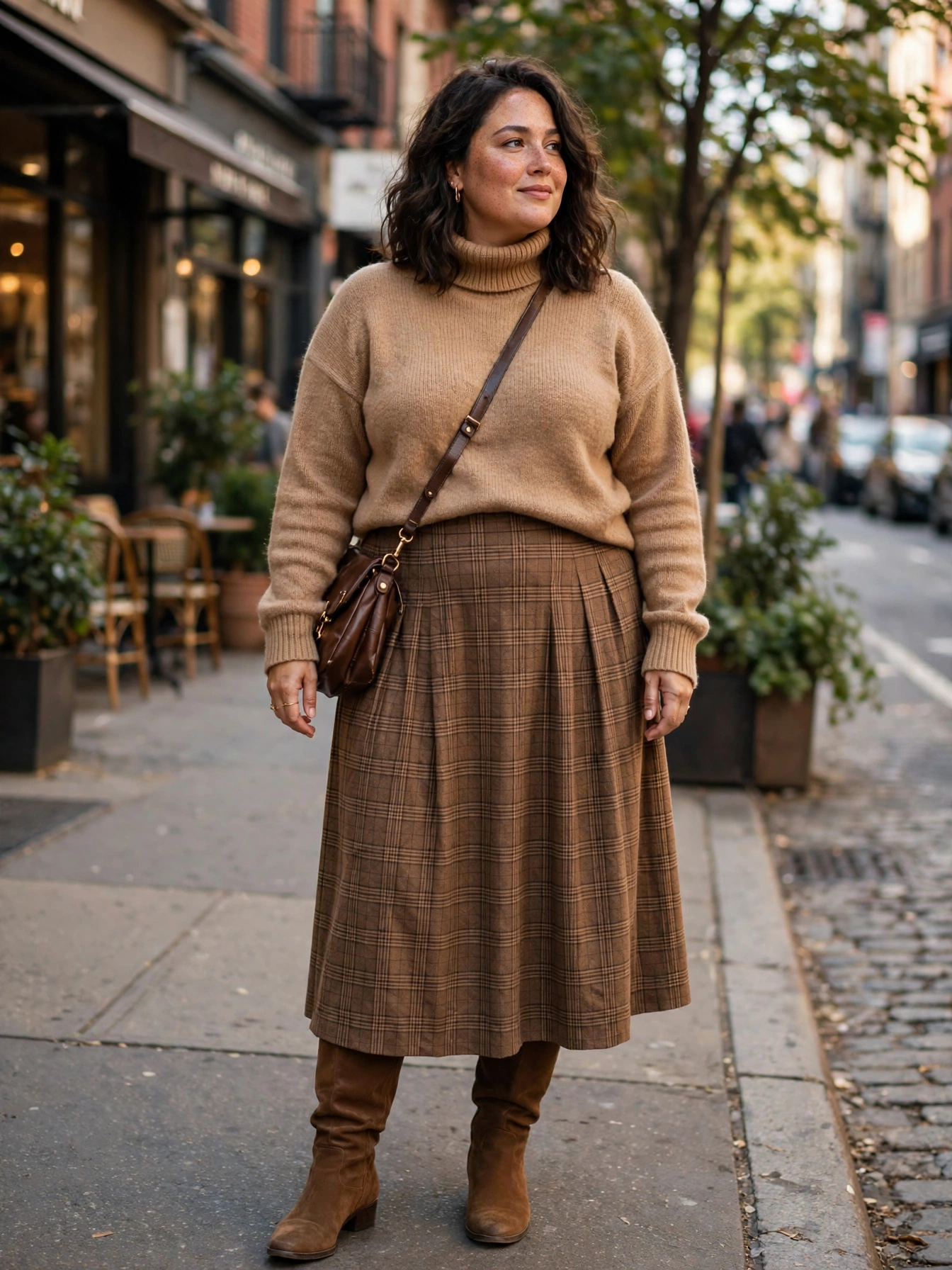 Plus-size woman in a camel turtleneck sweater with brown plaid midi skirt and knee-high boots