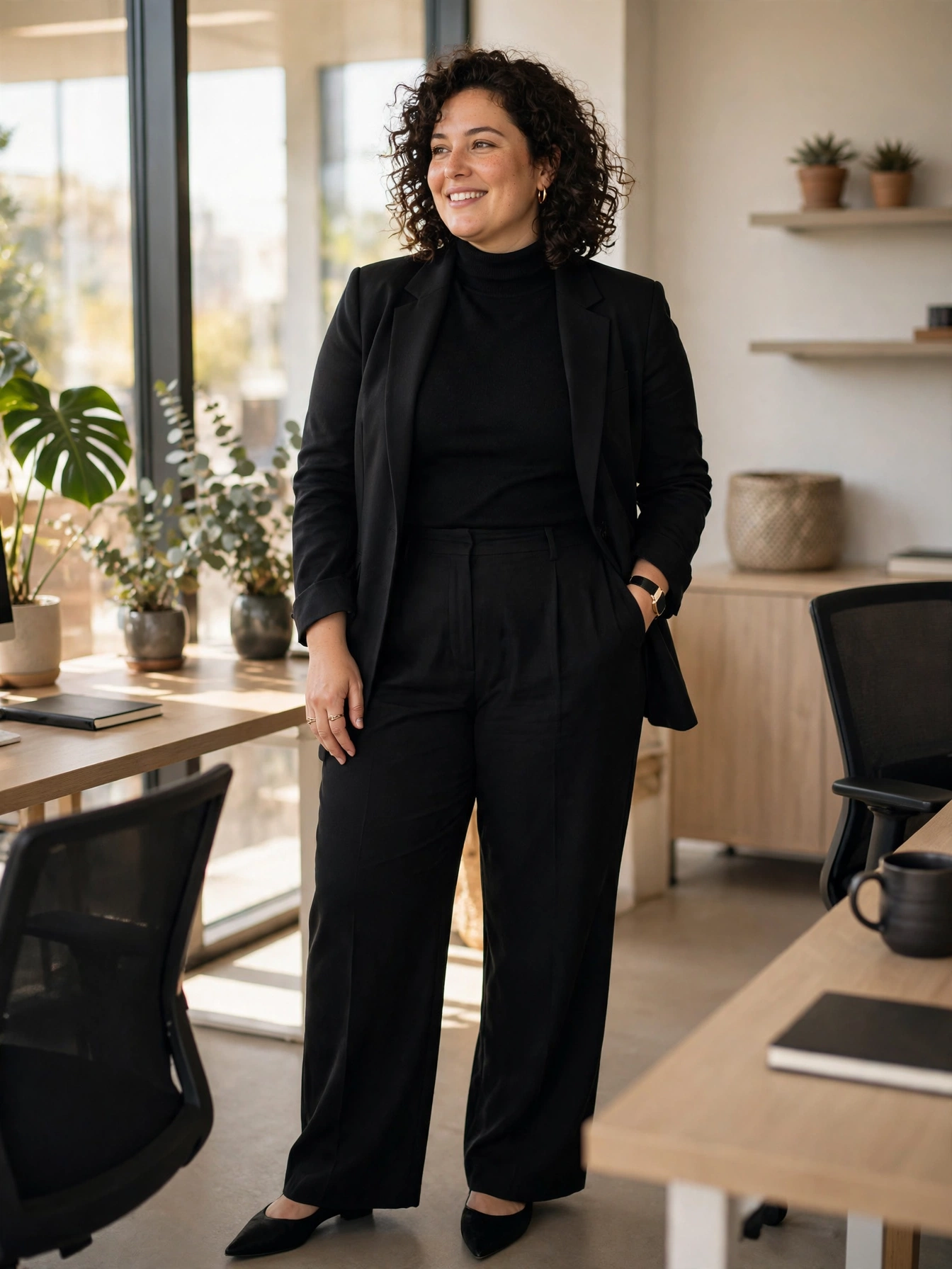 Plus-size woman in all-black outfit with turtleneck blazer and wide trousers
