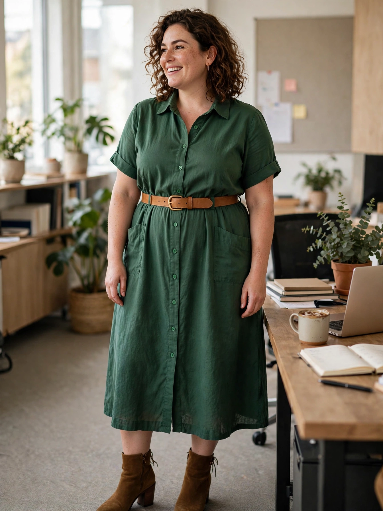 Plus-size woman in a forest green shirt dress with tan belt and ankle boots
