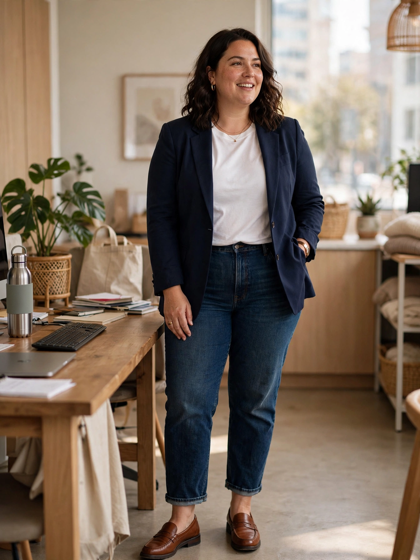 Plus-size woman in dark jeans with navy blazer white t-shirt and loafers