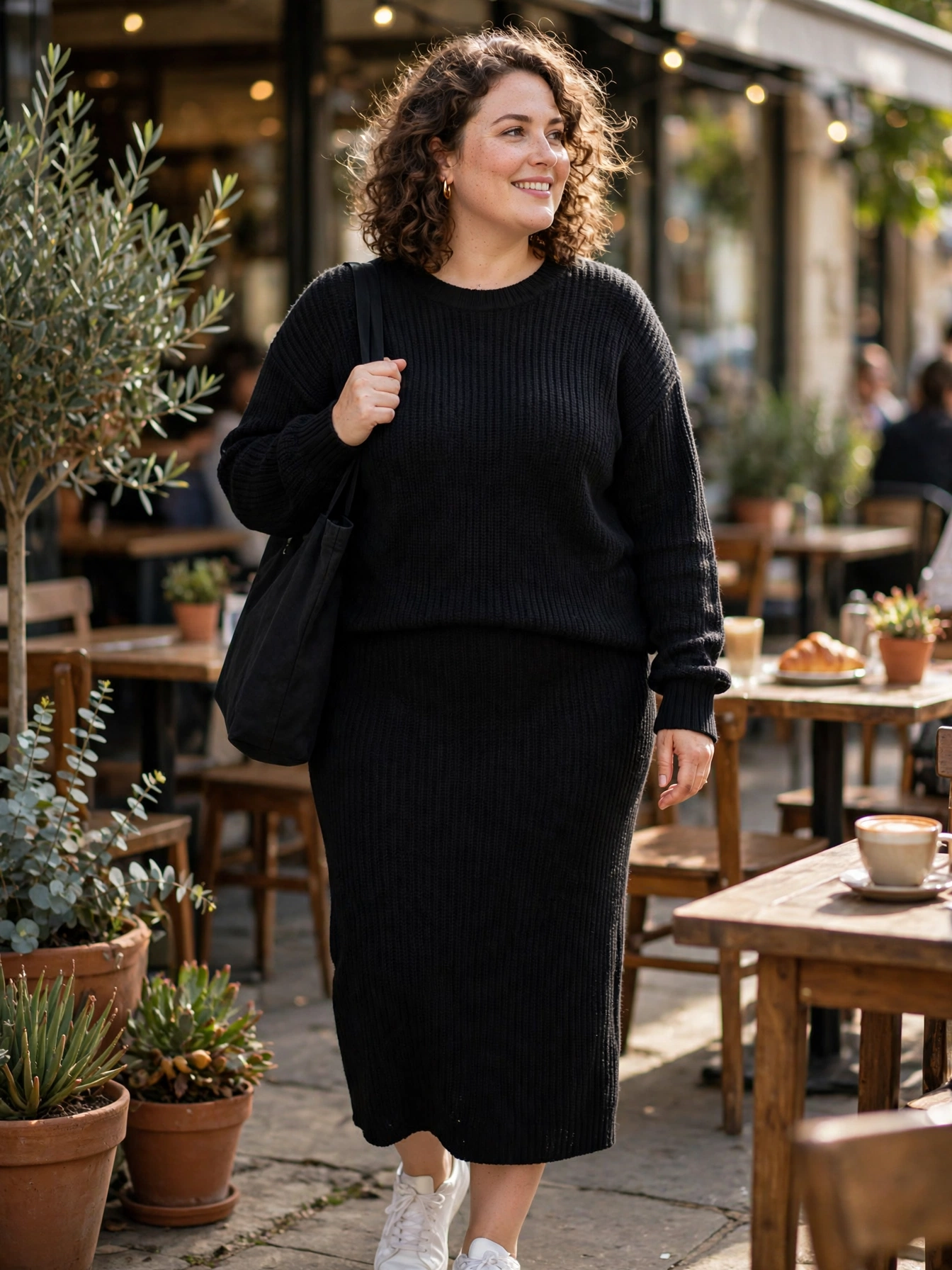 Plus-size woman in a black knit co-ord set with white sneakers and tote bag