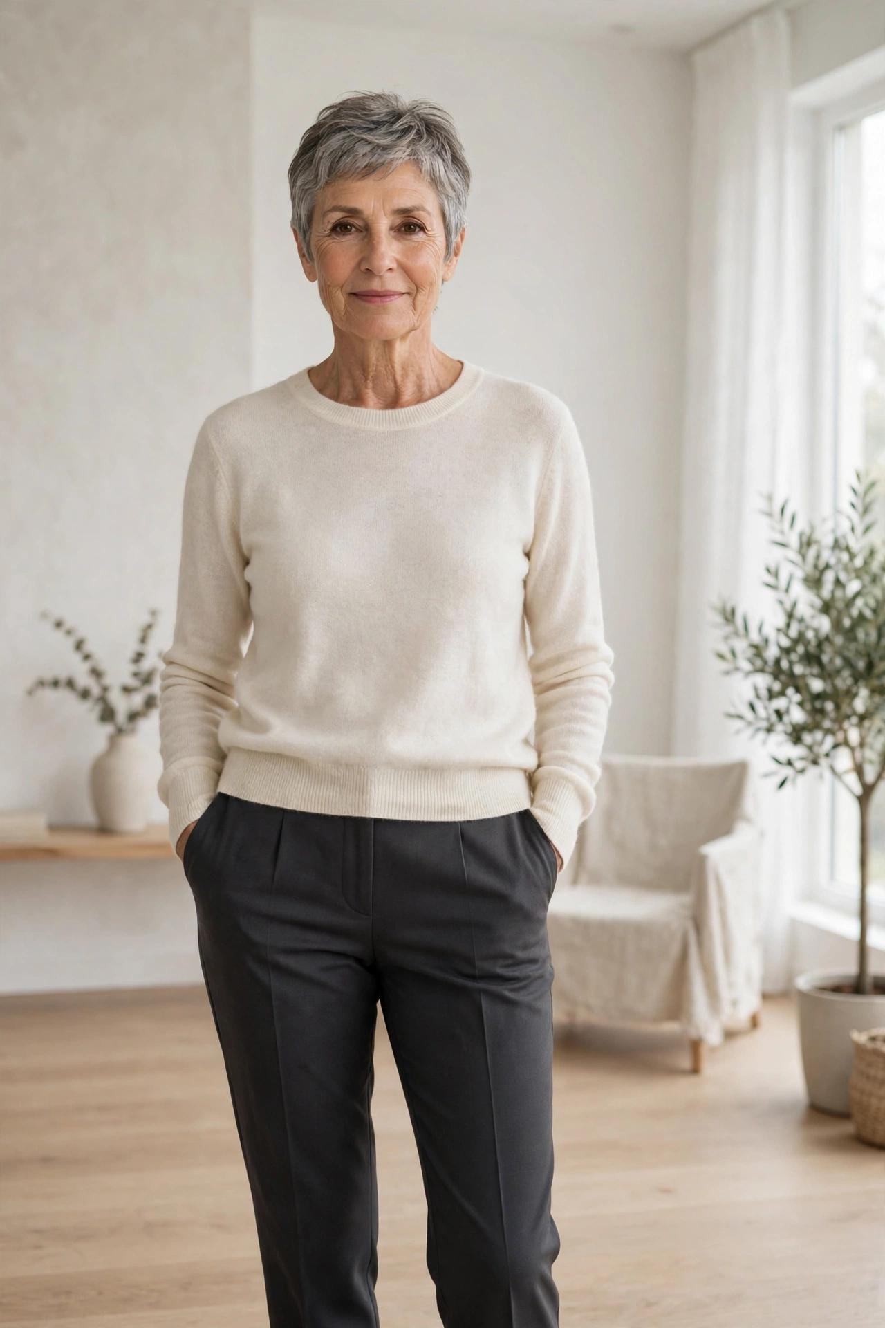 Woman in her 60s wearing a simple cream cashmere sweater and tailored charcoal trousers
