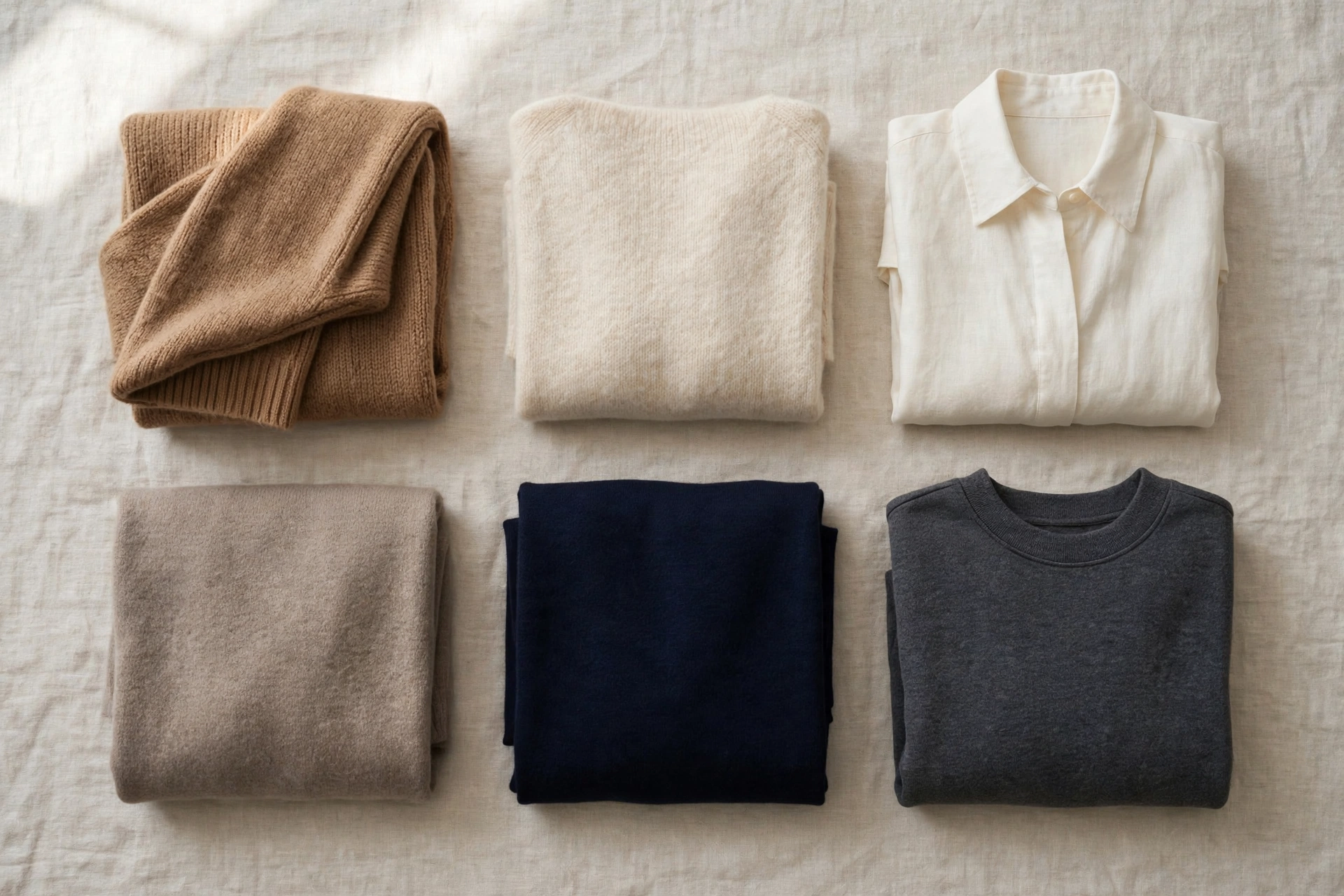 Flat lay of a neutral wardrobe color palette: camel, cream, navy, charcoal and taupe garments