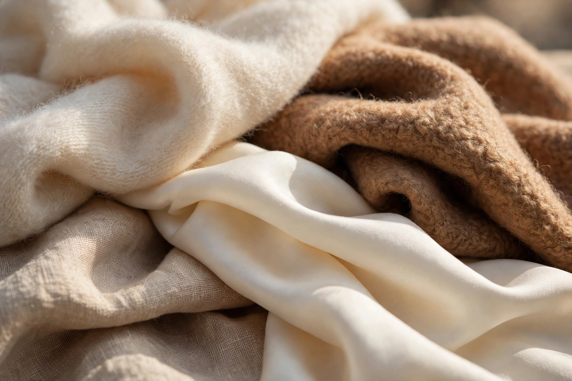 Close-up of luxurious fabric textures: cashmere, wool, silk and linen swatches
