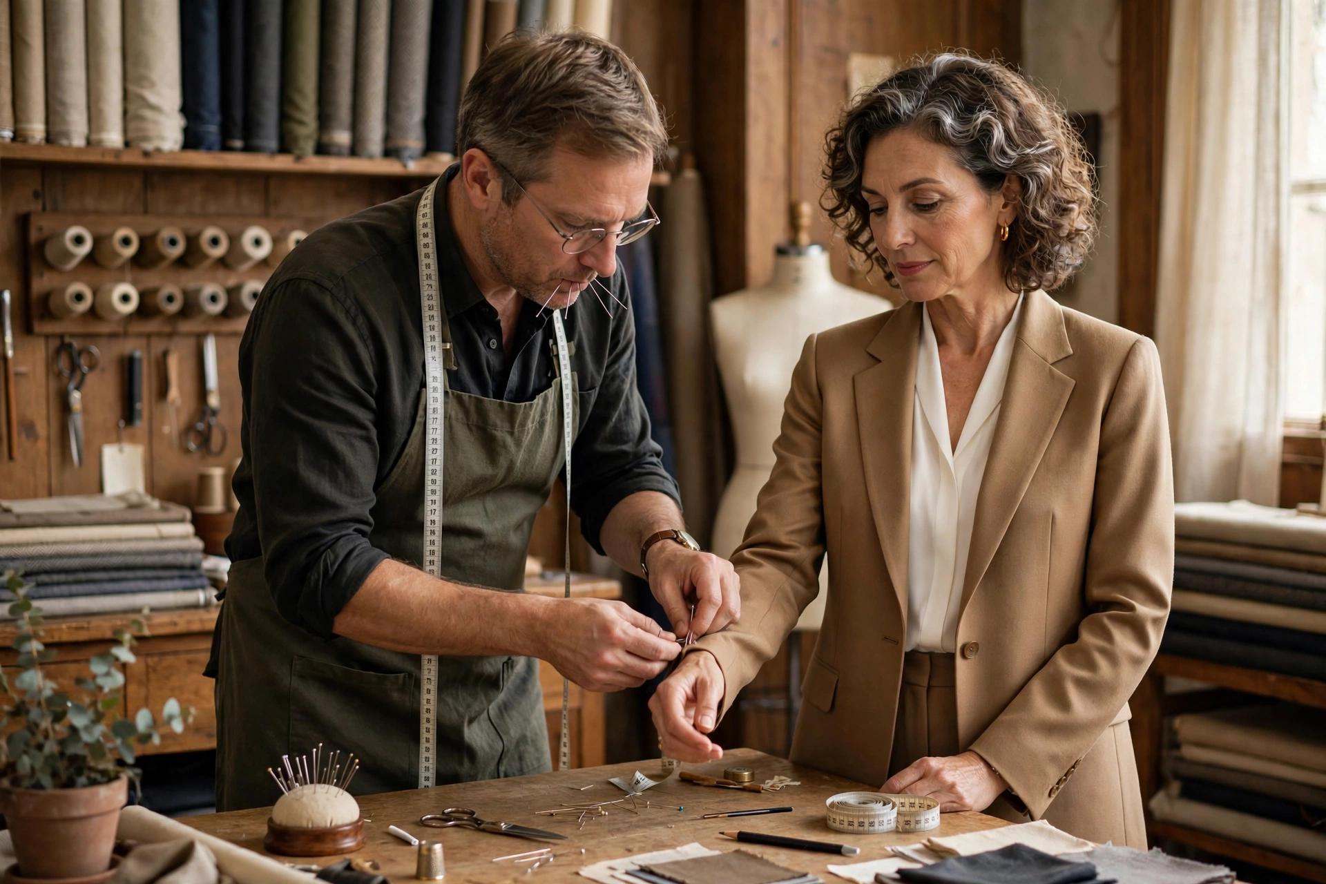 Tailor adjusting a camel blazer on a woman in her 50s in an atelier