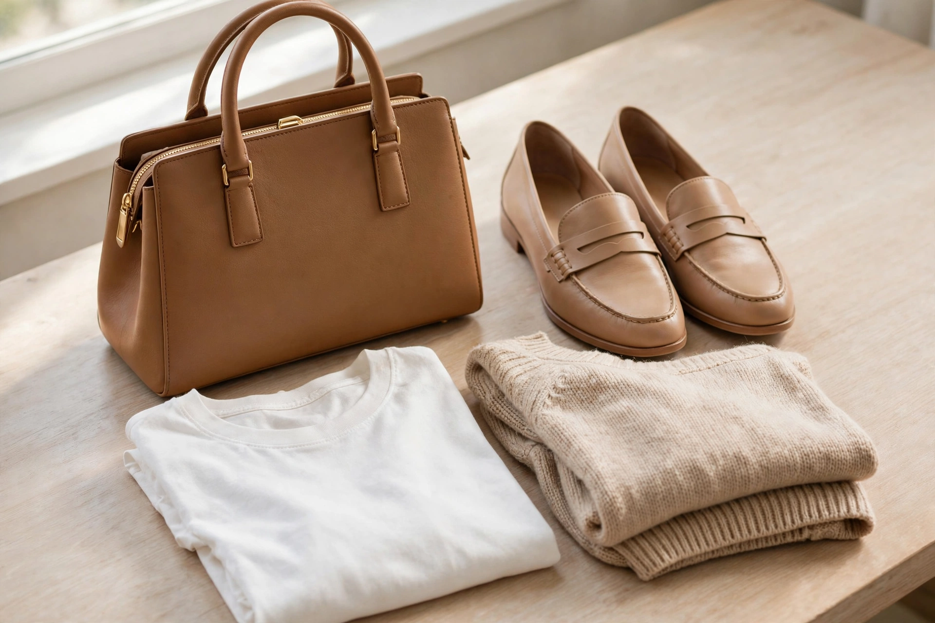 Quality leather handbag and loafers beside affordable wardrobe basics