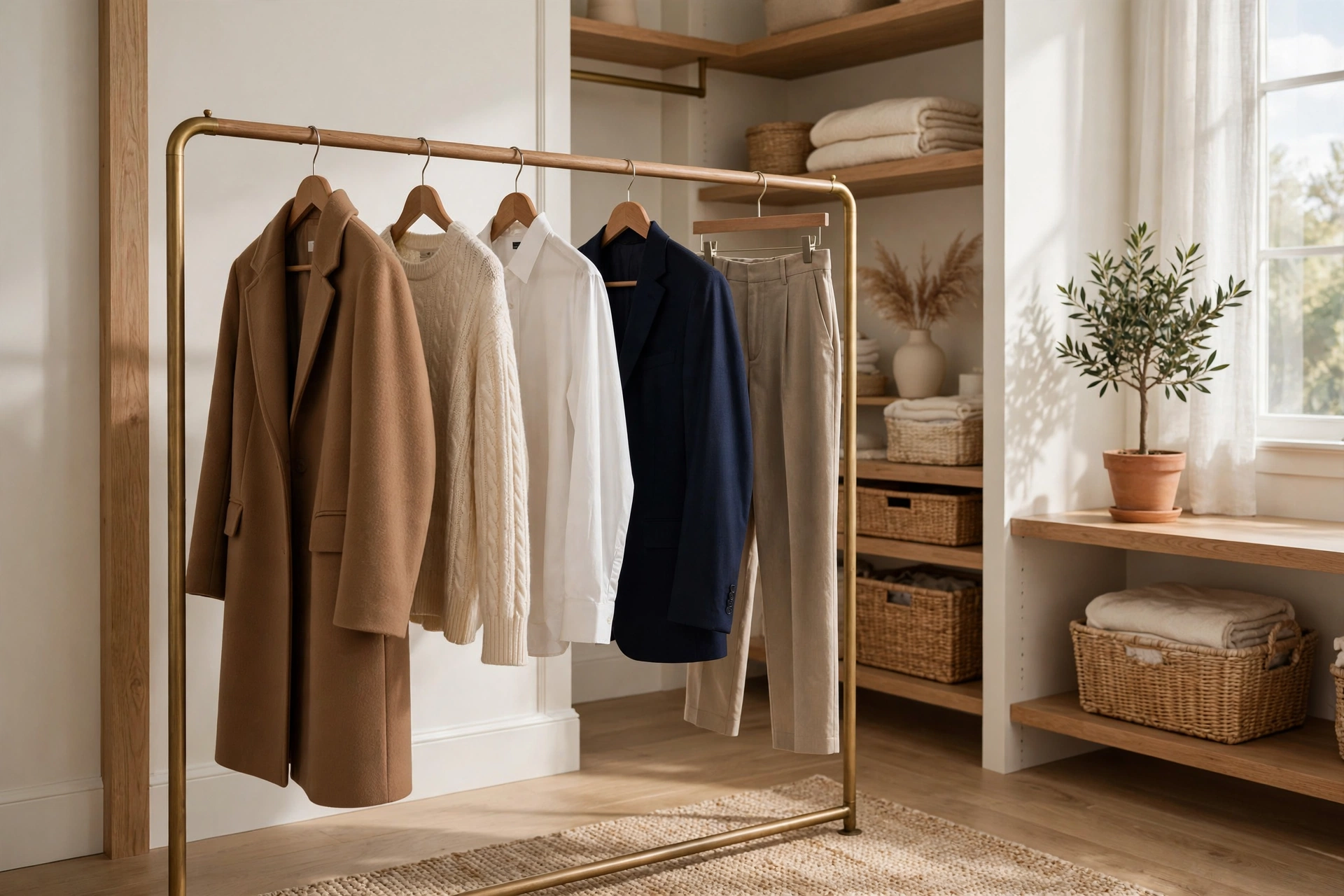 Minimal capsule wardrobe rail with neutral-toned pieces in an elegant closet