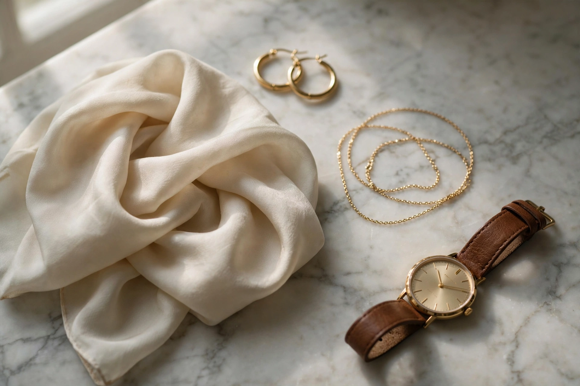 Understated gold jewelry, silk scarf and classic watch on a dressing table