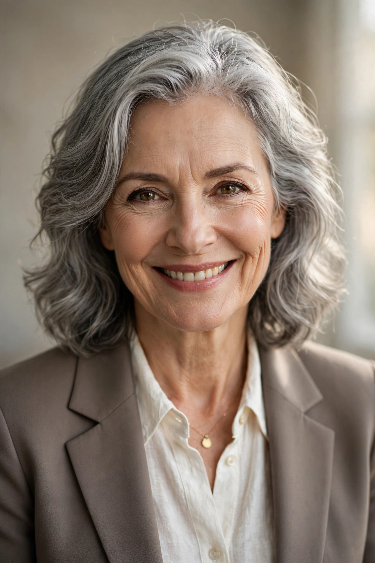 Confident smiling woman in her 60s in an ivory blouse and taupe blazer