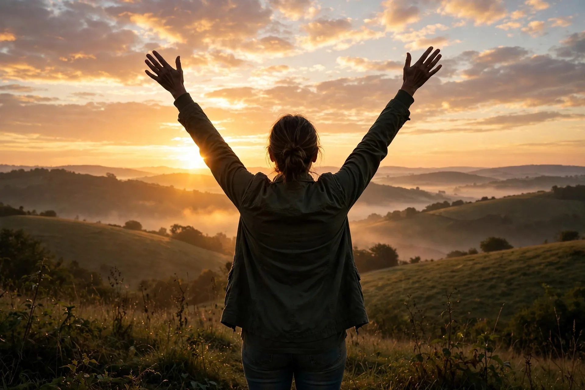 Woman with arms raised in joy at sunrise