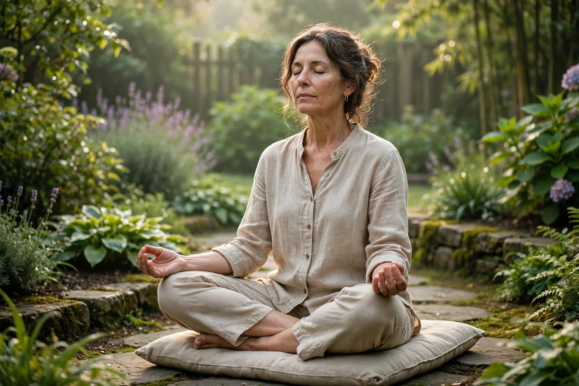 Woman meditating peacefully in nature