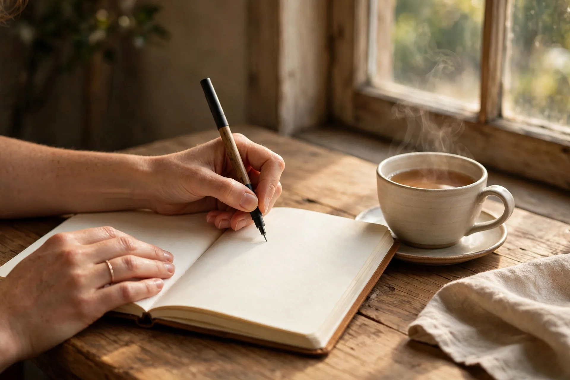 Woman writing in a journal with a cup of tea
